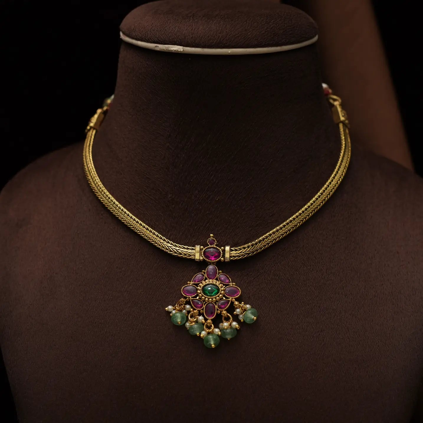 Aadishri Antique Attigai Necklace - Green Beads