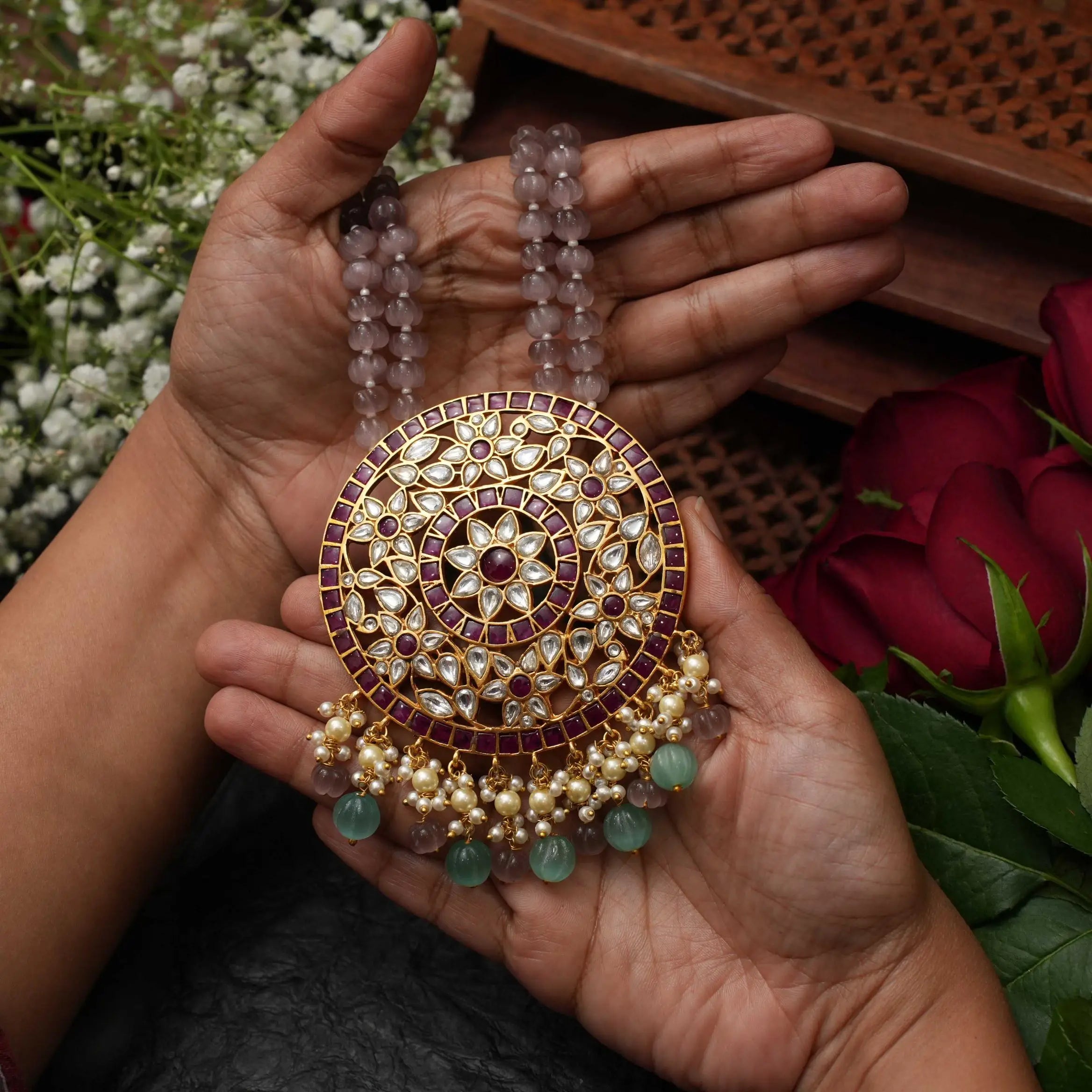 Aarushi Polki Beaded Necklace - Pink