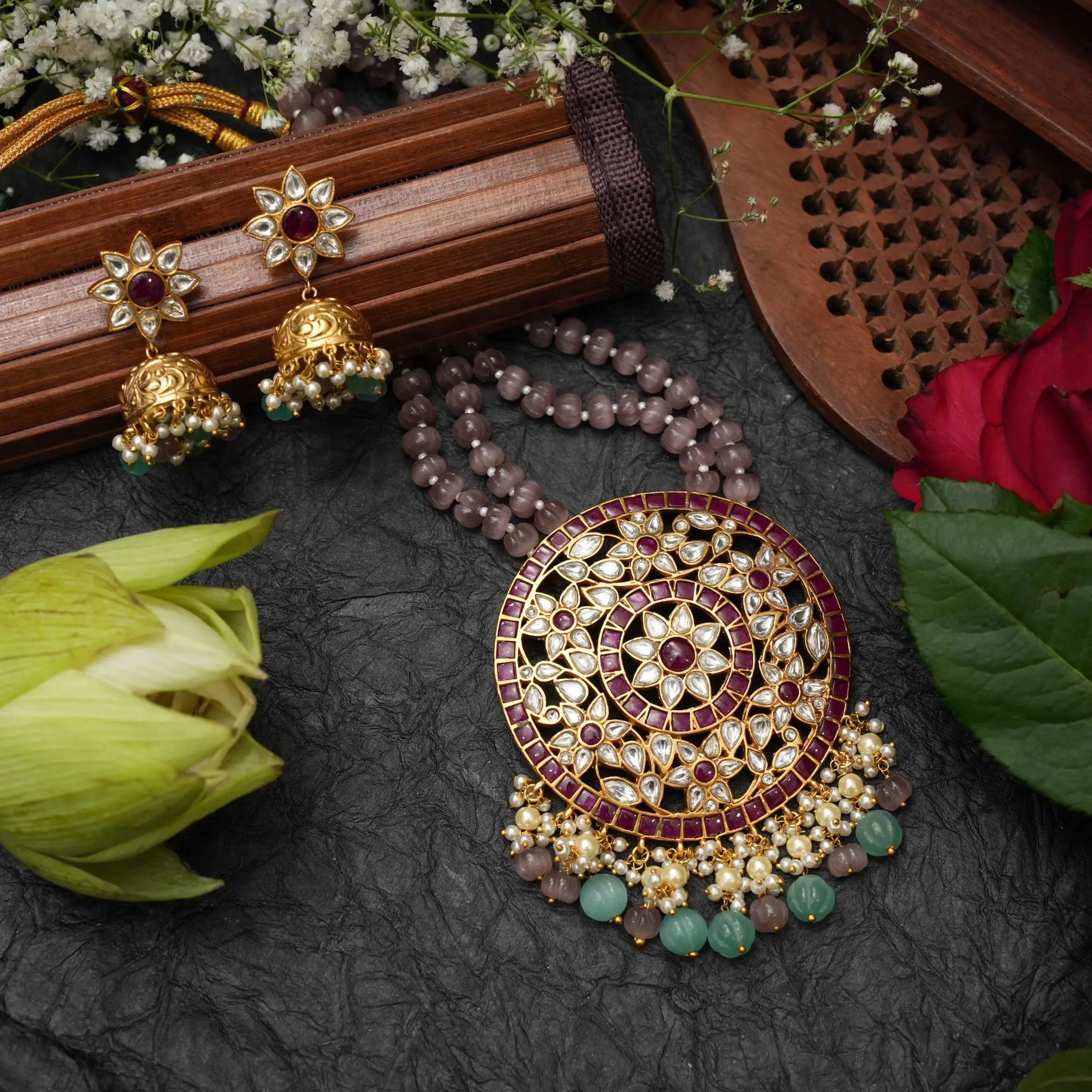 Aarushi Polki Beaded Necklace - Pink