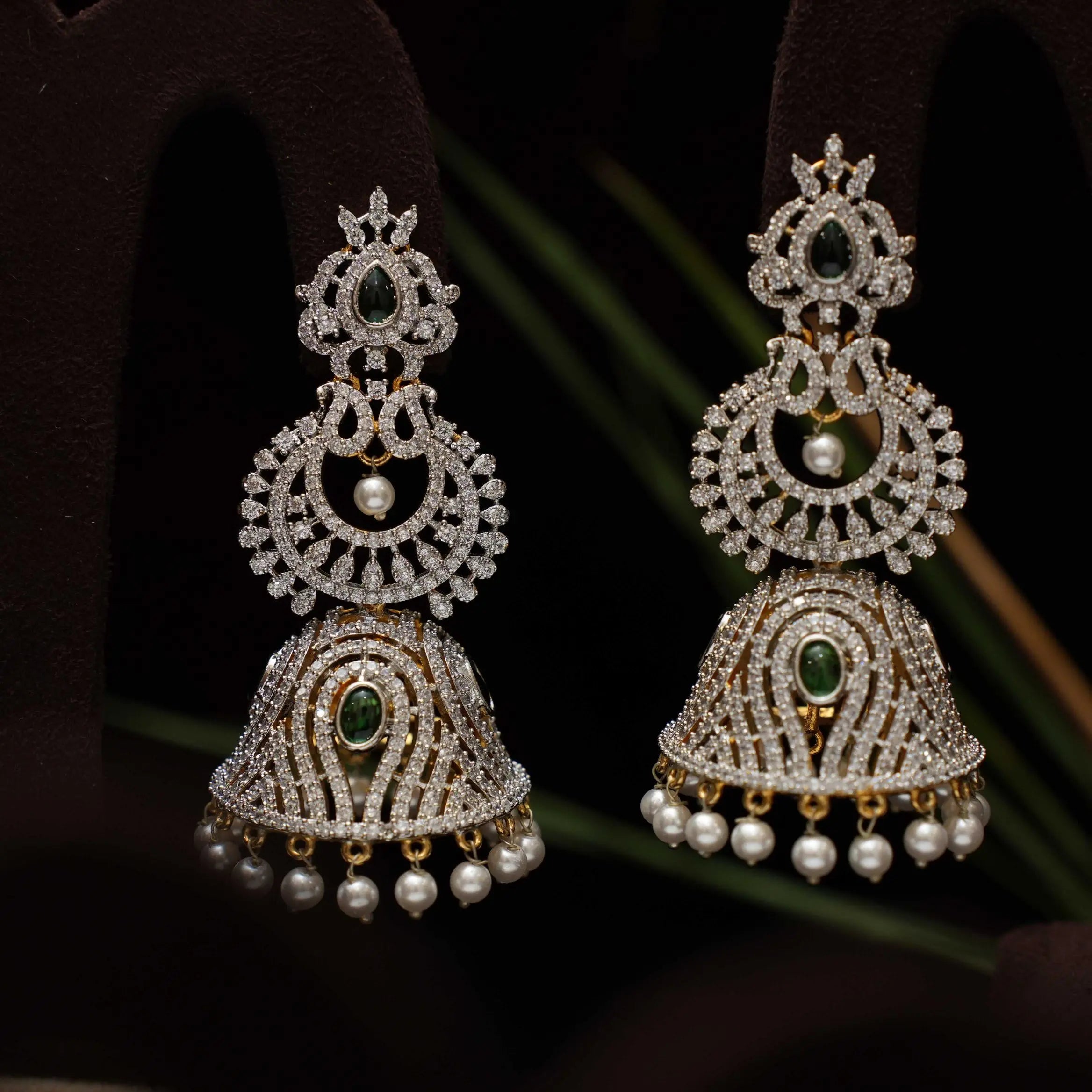 Akruti Zircon Jhumka Earrings - Green