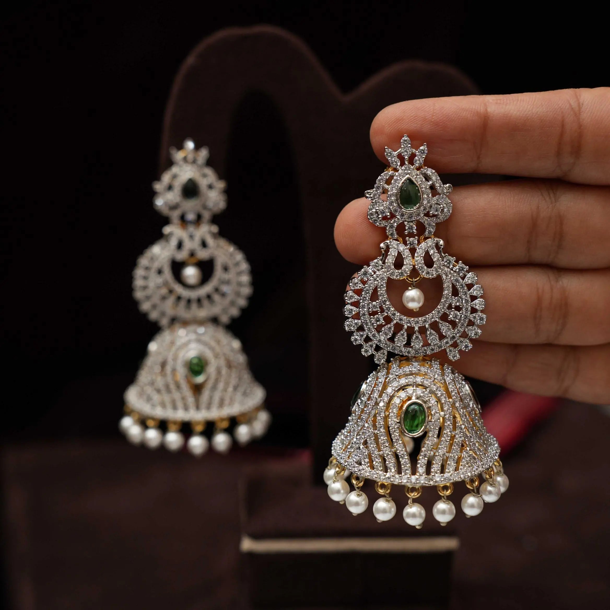 Akruti Zircon Jhumka Earrings - Green