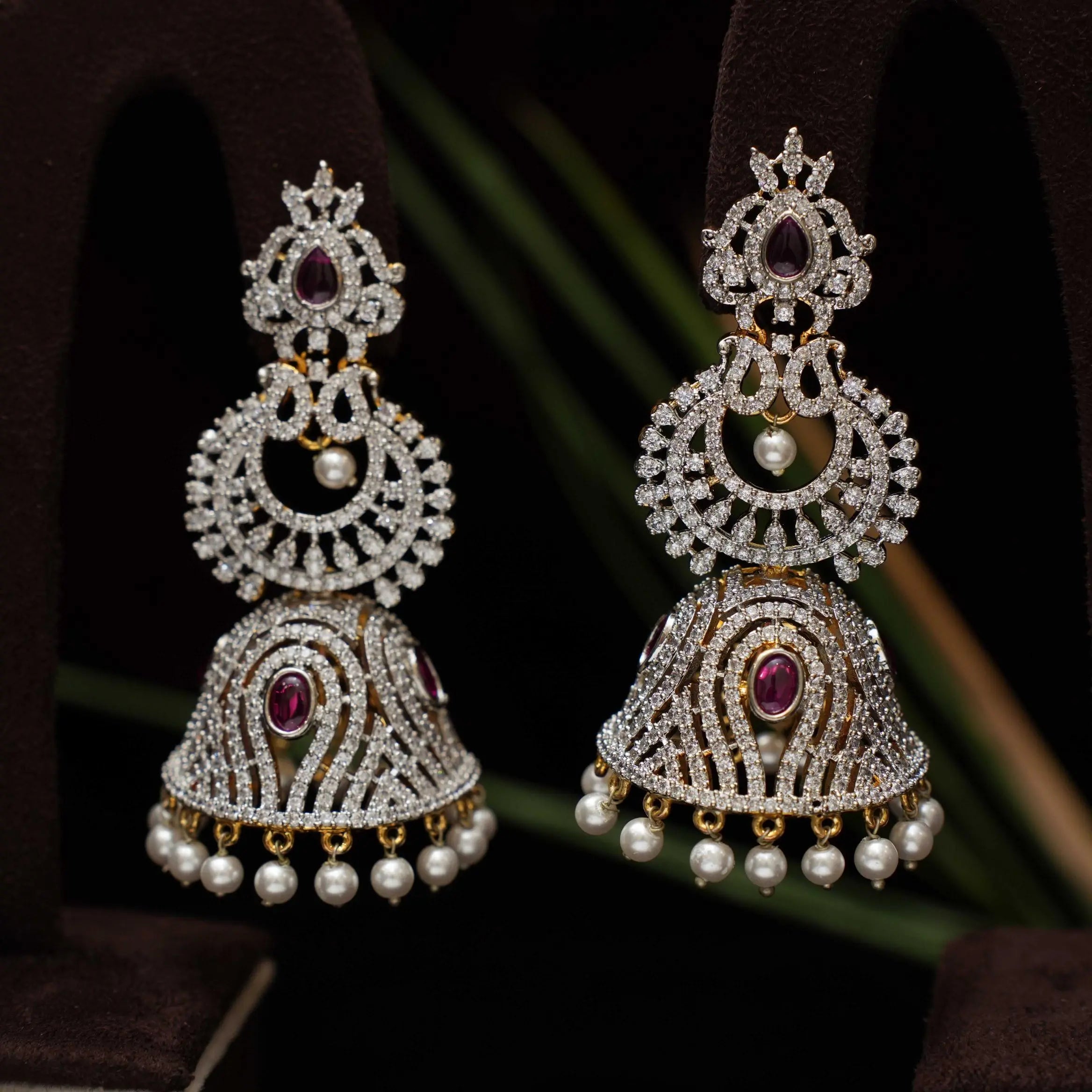 Akruti Zircon Jhumka Earrings - Red