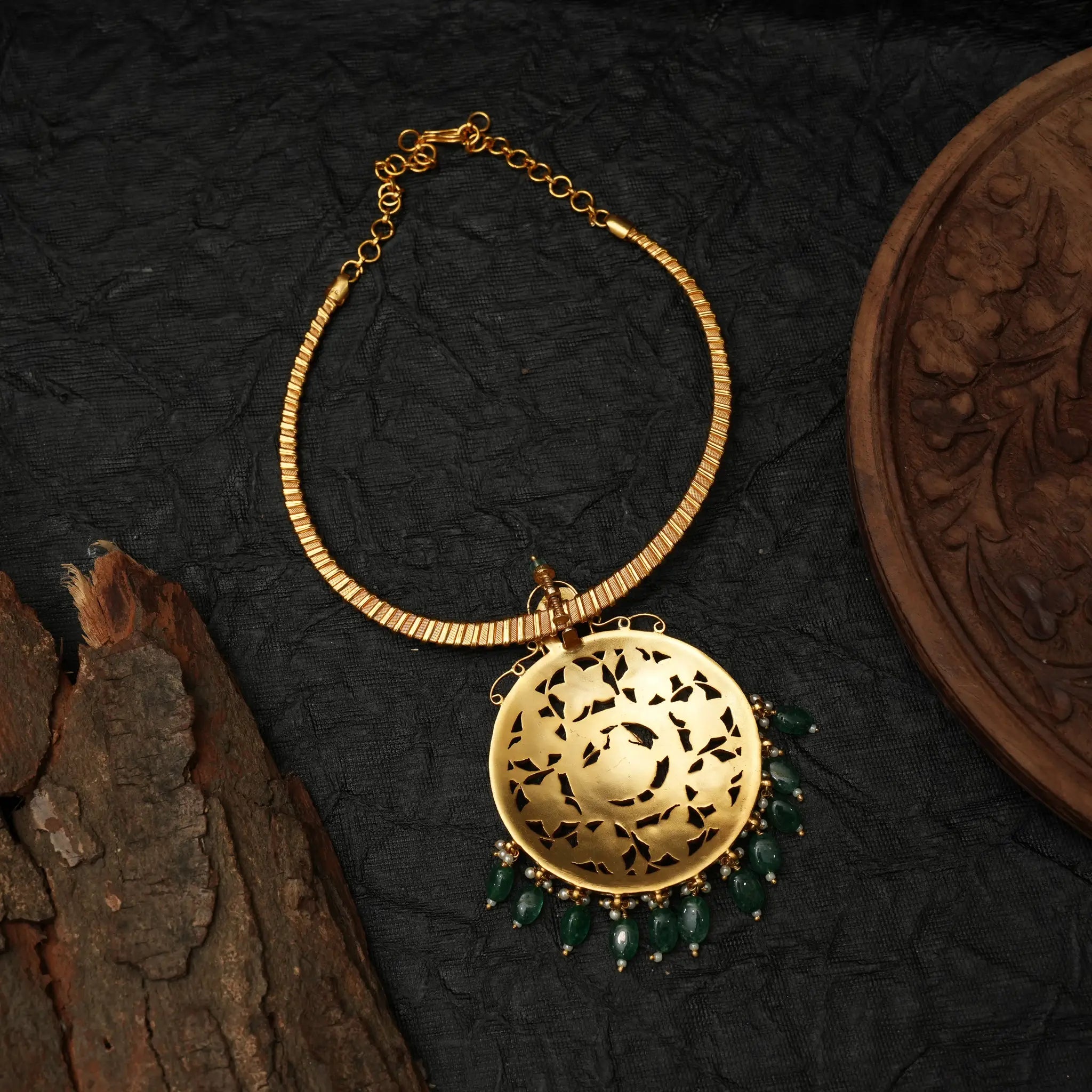 Amodini Silver Hasli Necklace - Green Beads