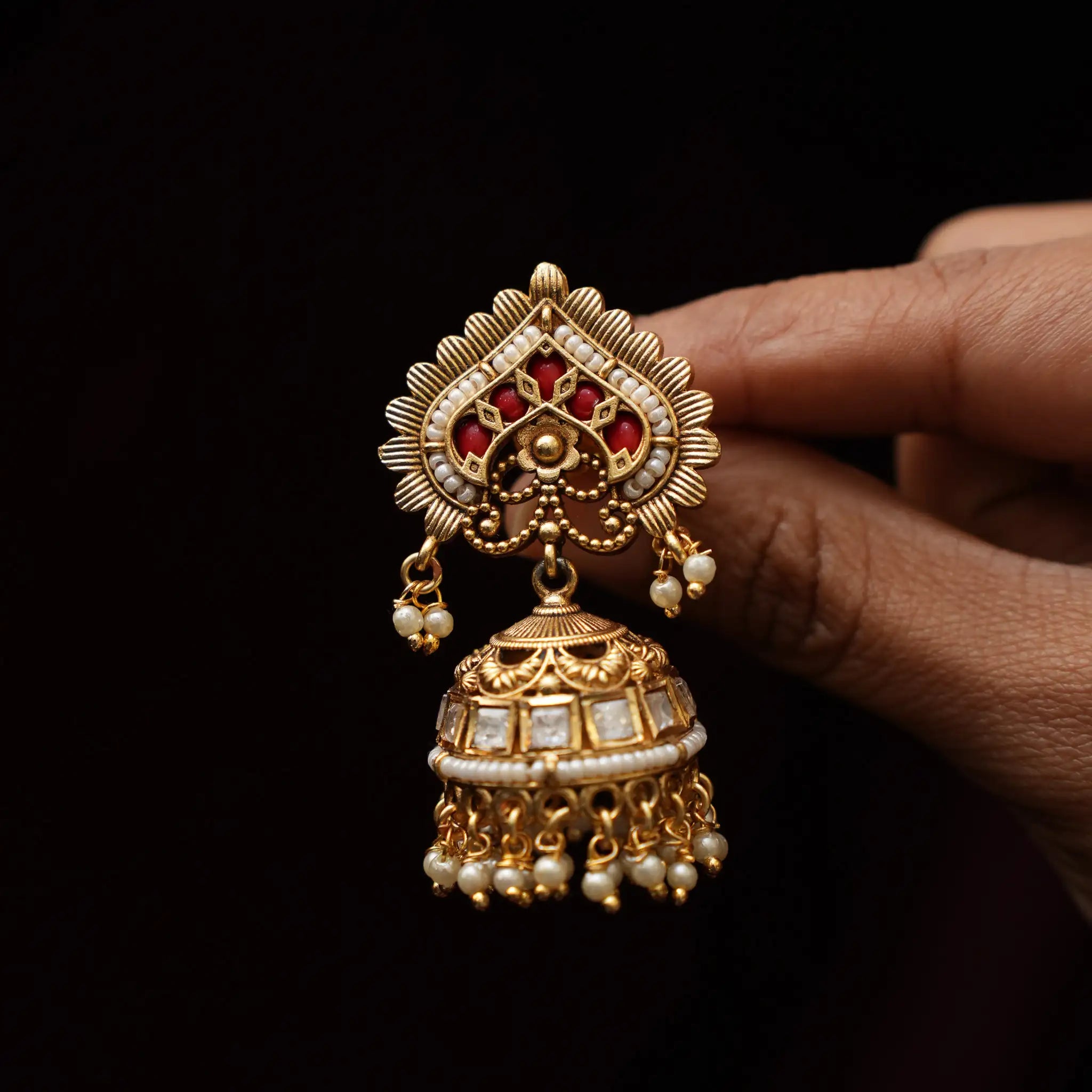 Anagha Polki Jhumka Earrings - Coral