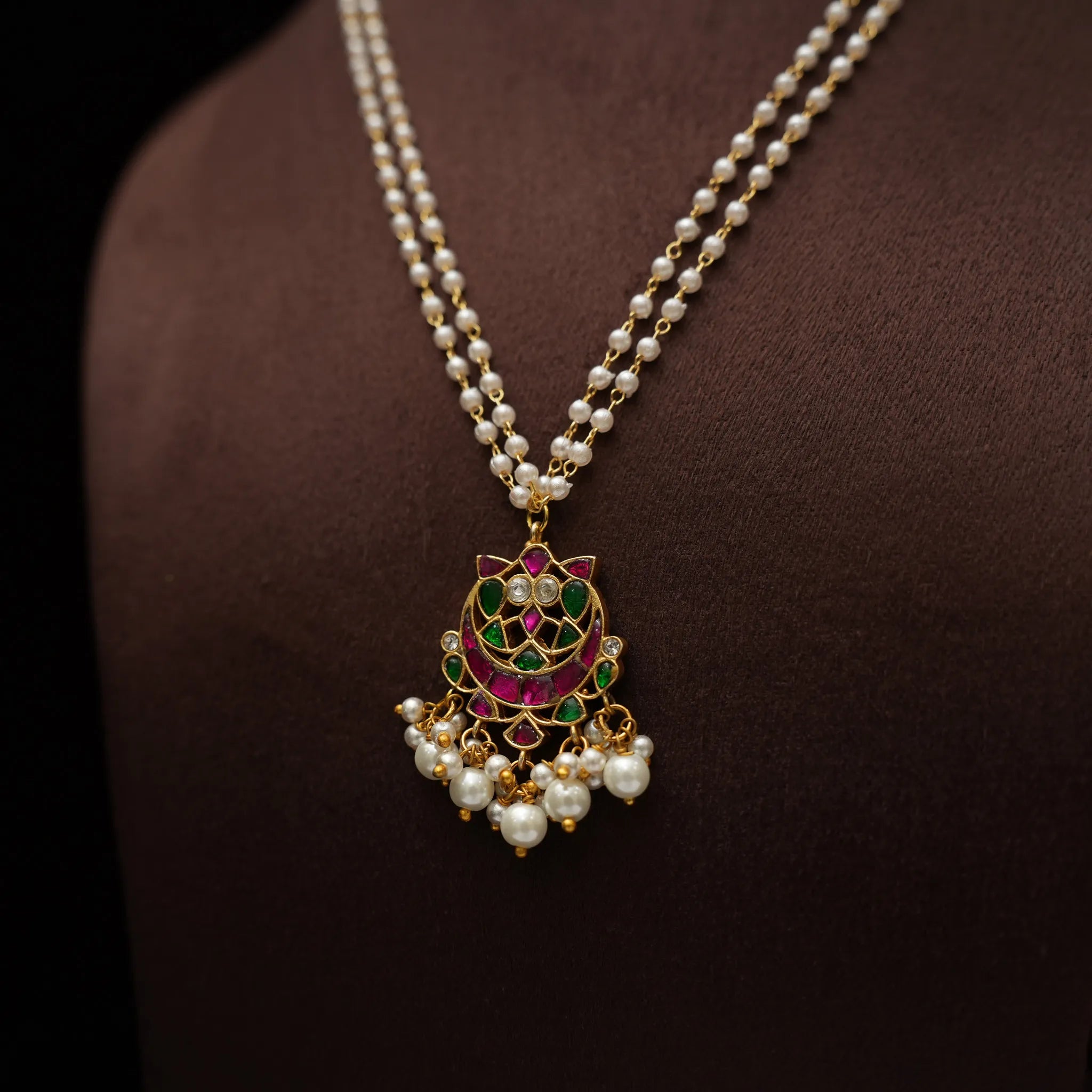 Anitha Pearl Polki Necklace - Red