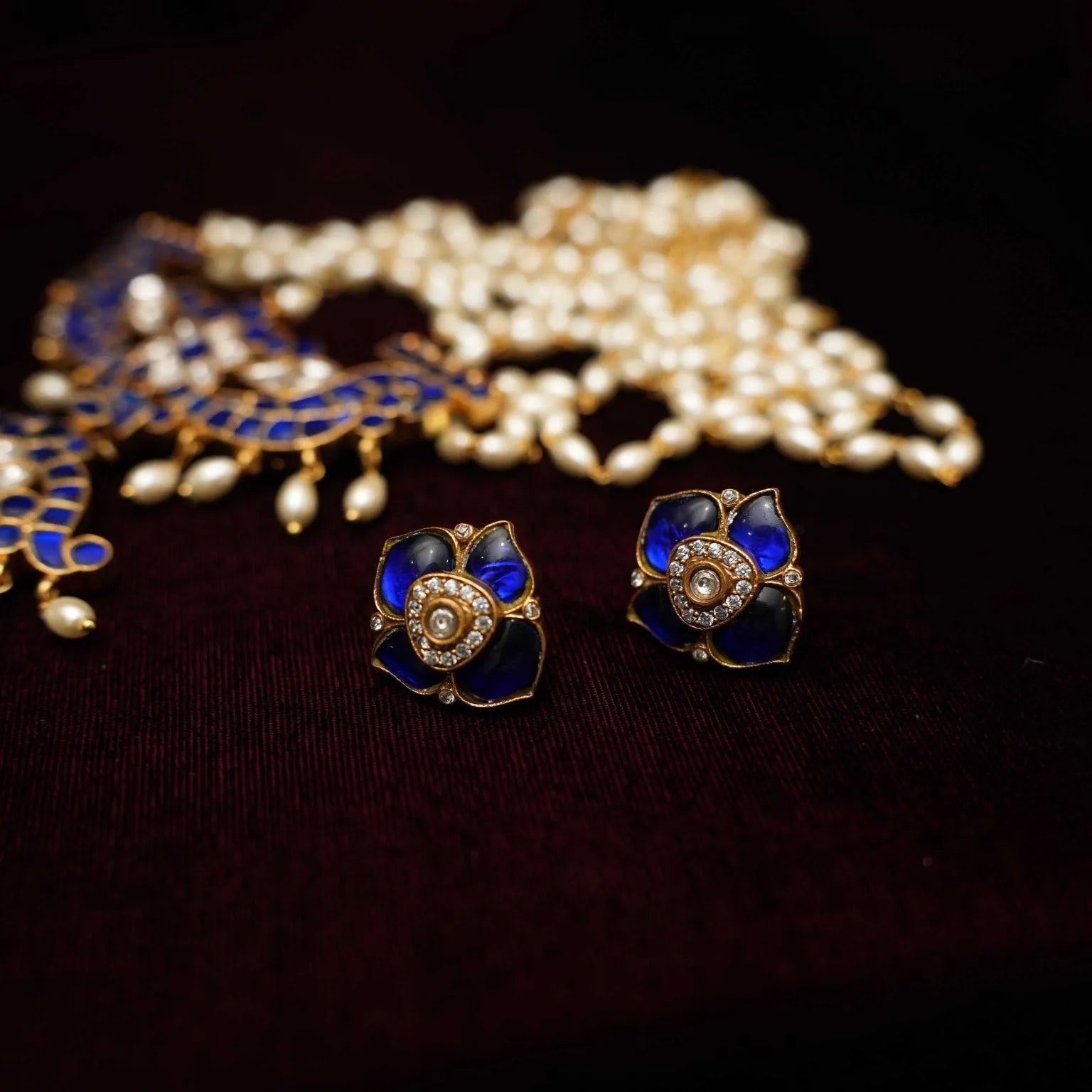 Anvika Pearl Polki Necklace - Blue - Rimli Boutique