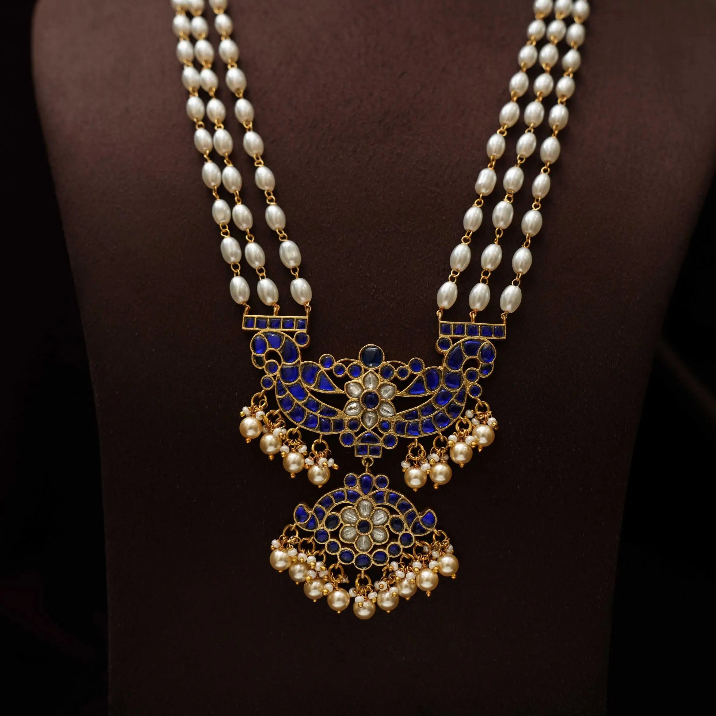 Anvika Pearl Polki Necklace - Blue