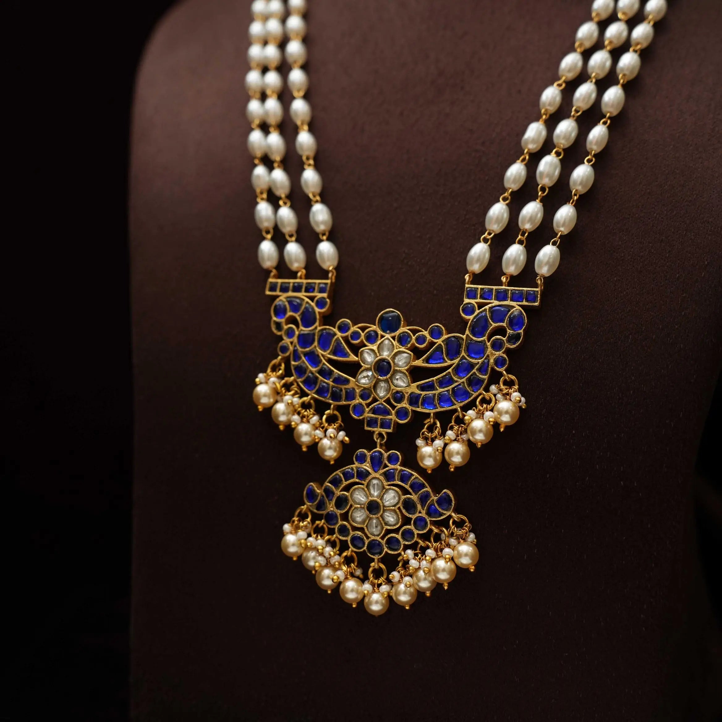 Anvika Pearl Polki Necklace - Blue