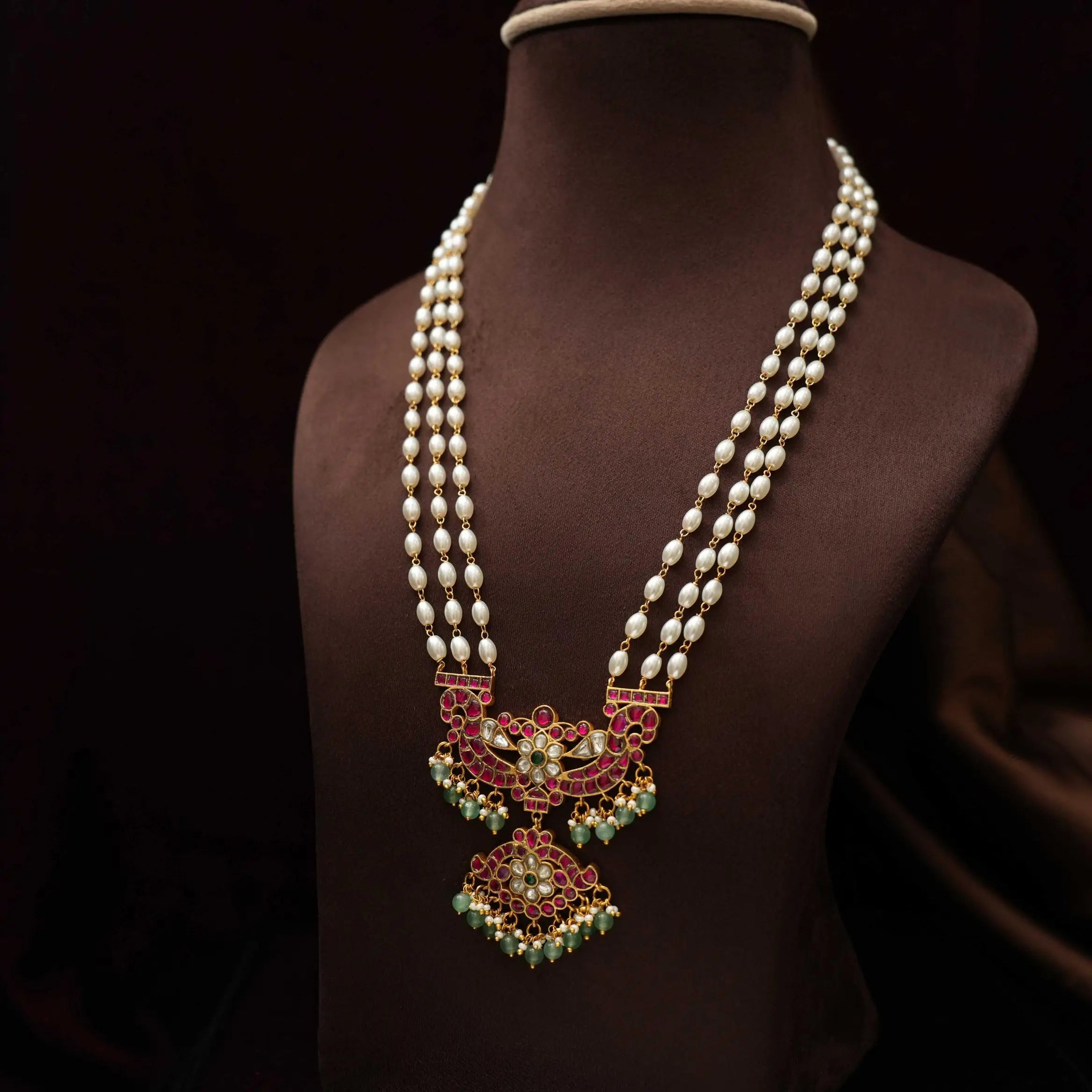 Anvika Pearl Polki Necklace - Red