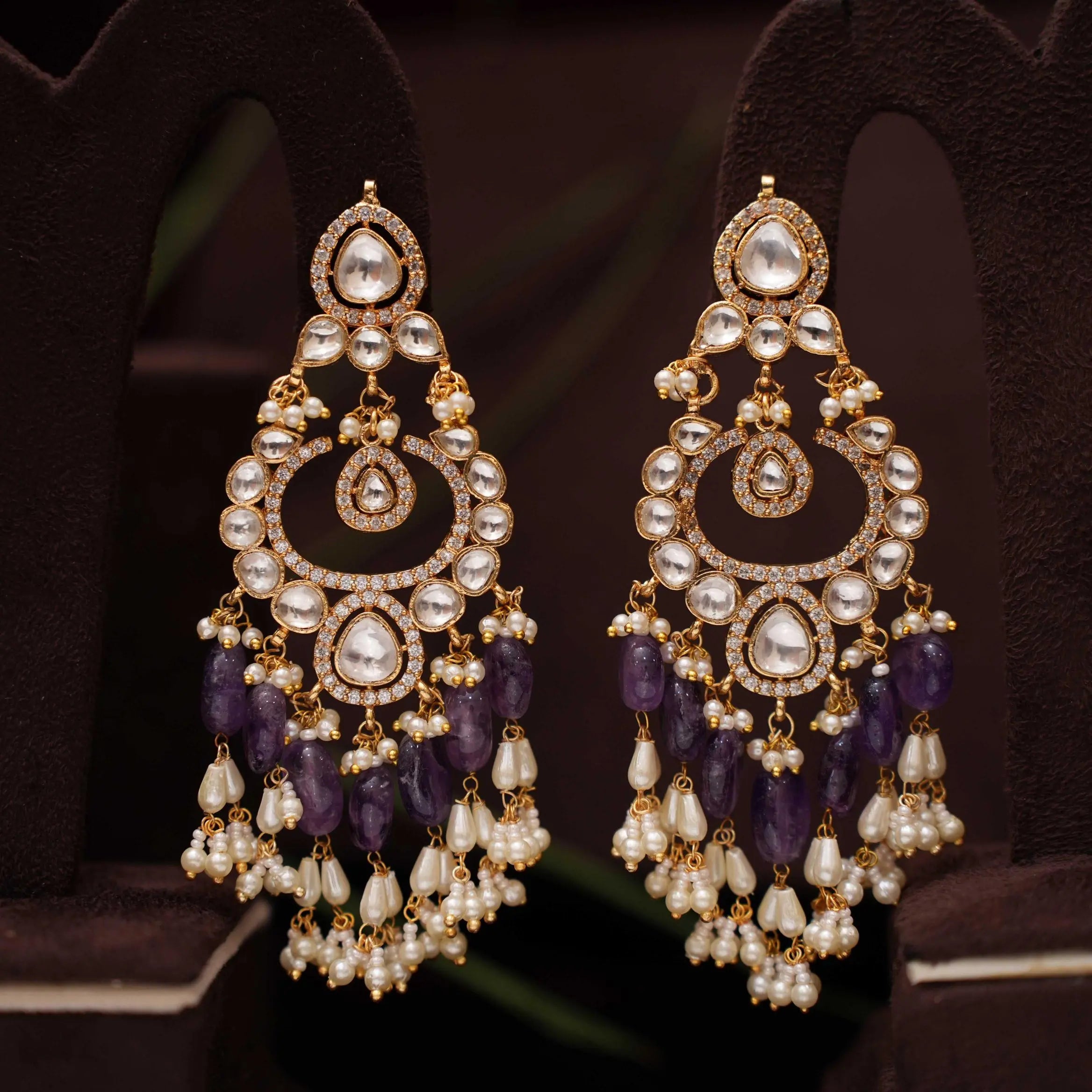 Anwika Polki Chandbali Earrings - Purple