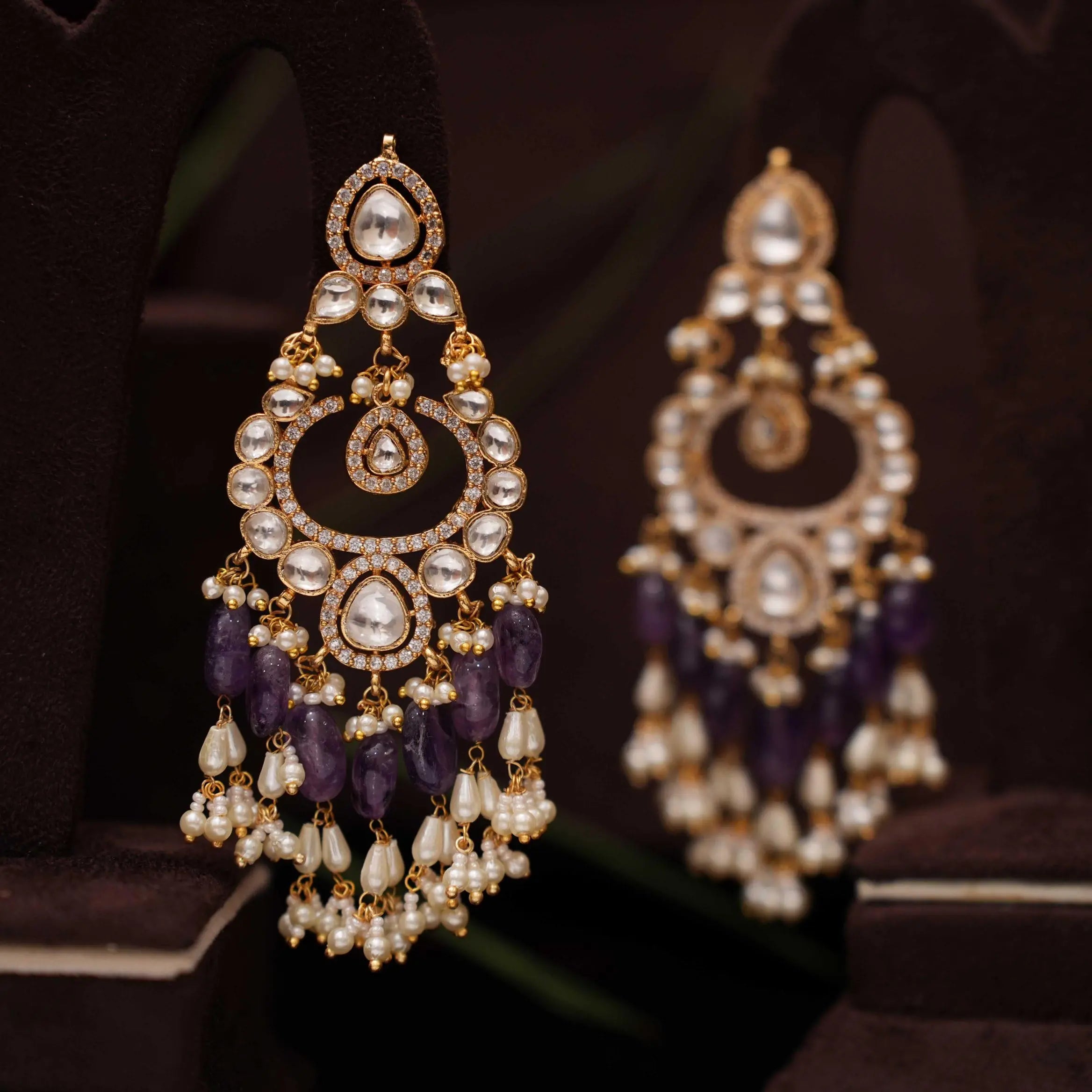 Anwika Polki Chandbali Earrings - Purple