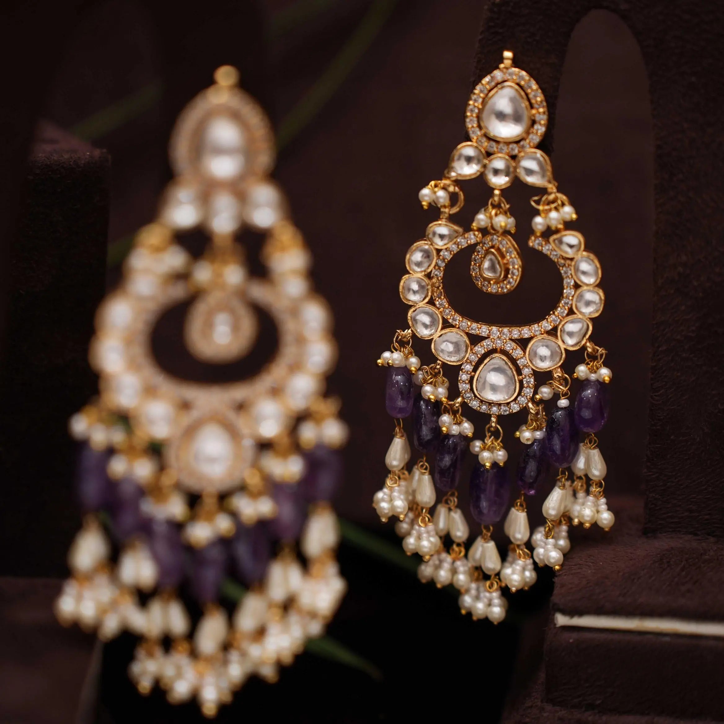 Anwika Polki Chandbali Earrings - Purple