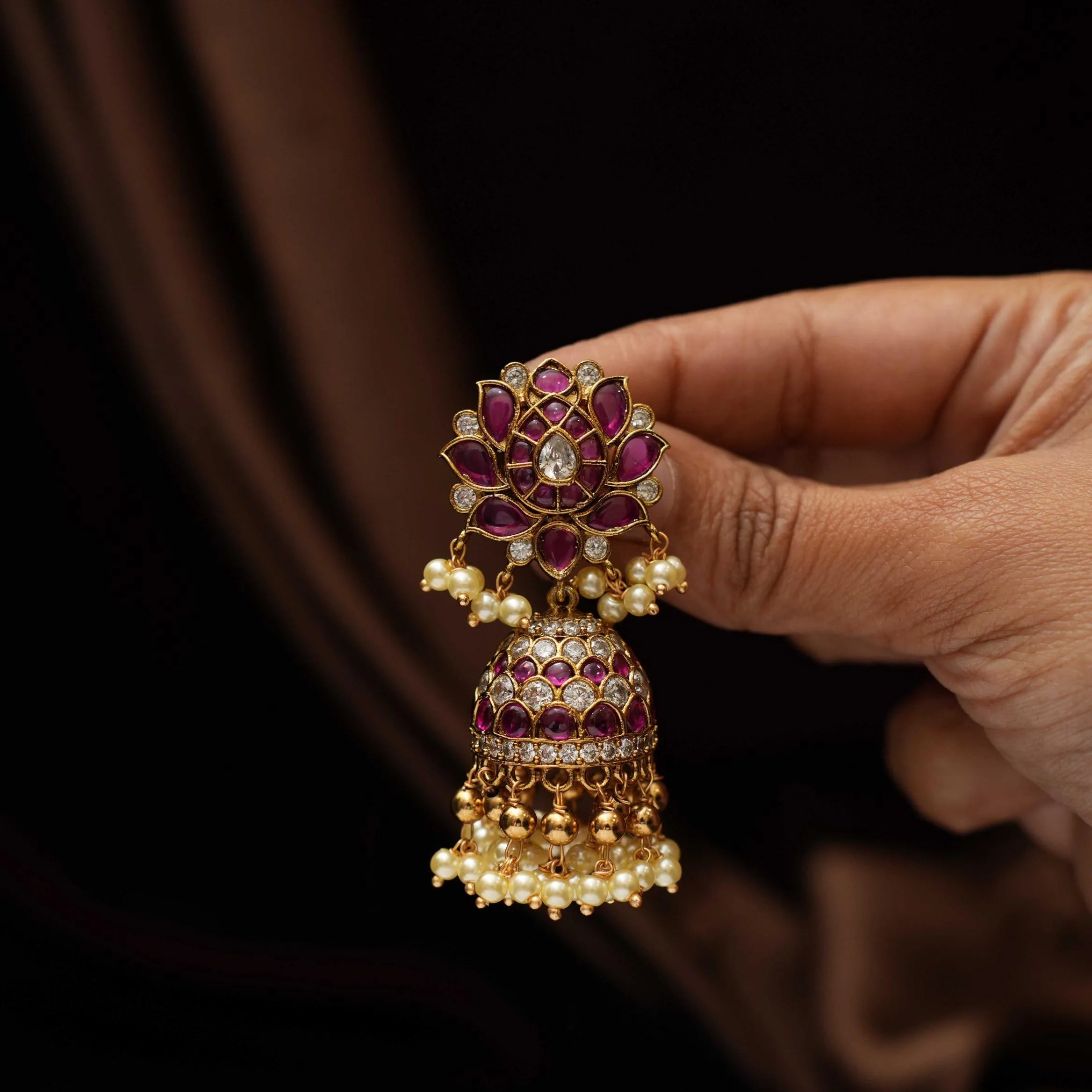 Aruna Polki Jhumka Earrings - Red