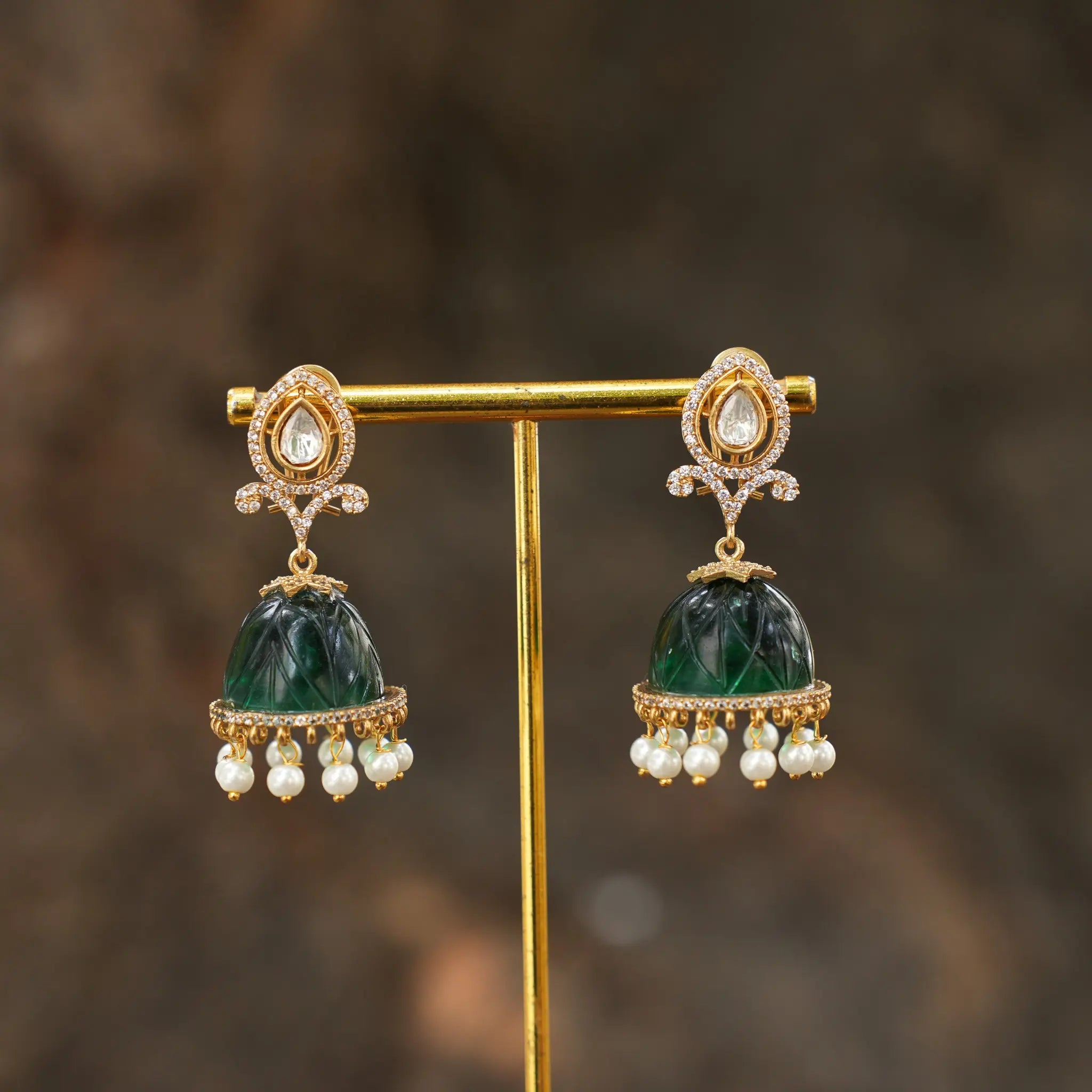 Bhavika Polki Jhumka Earrings - Dark Green