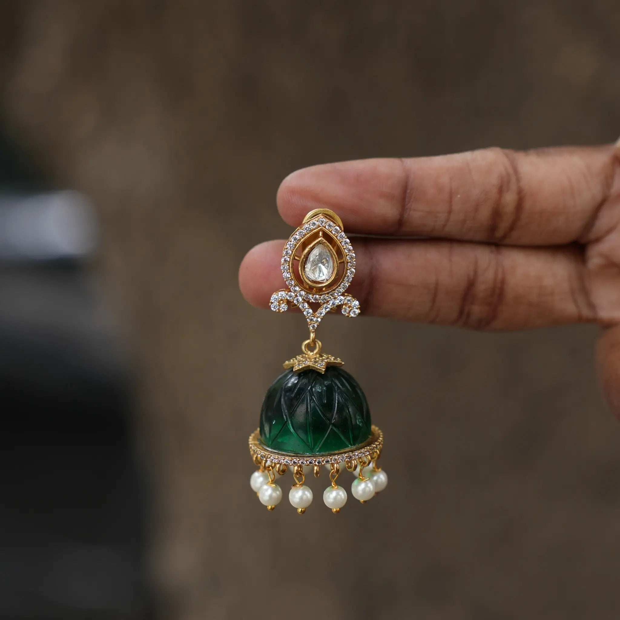 Bhavika Polki Jhumka Earrings - Dark Green