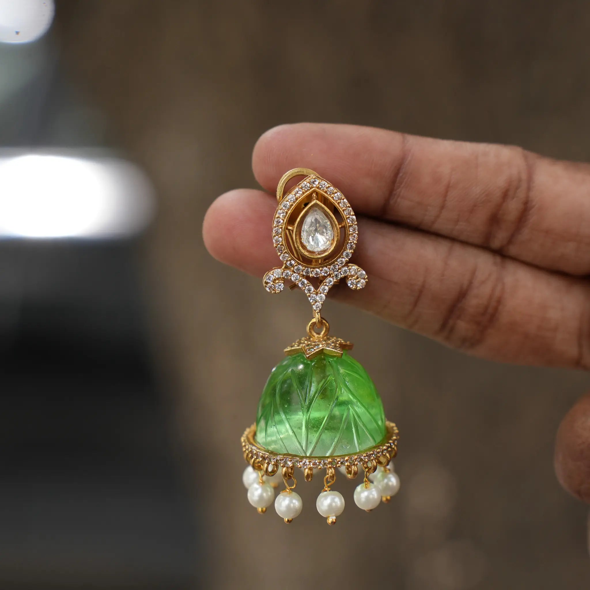 Bhavika Polki Jhumka Earrings - Pastel Green