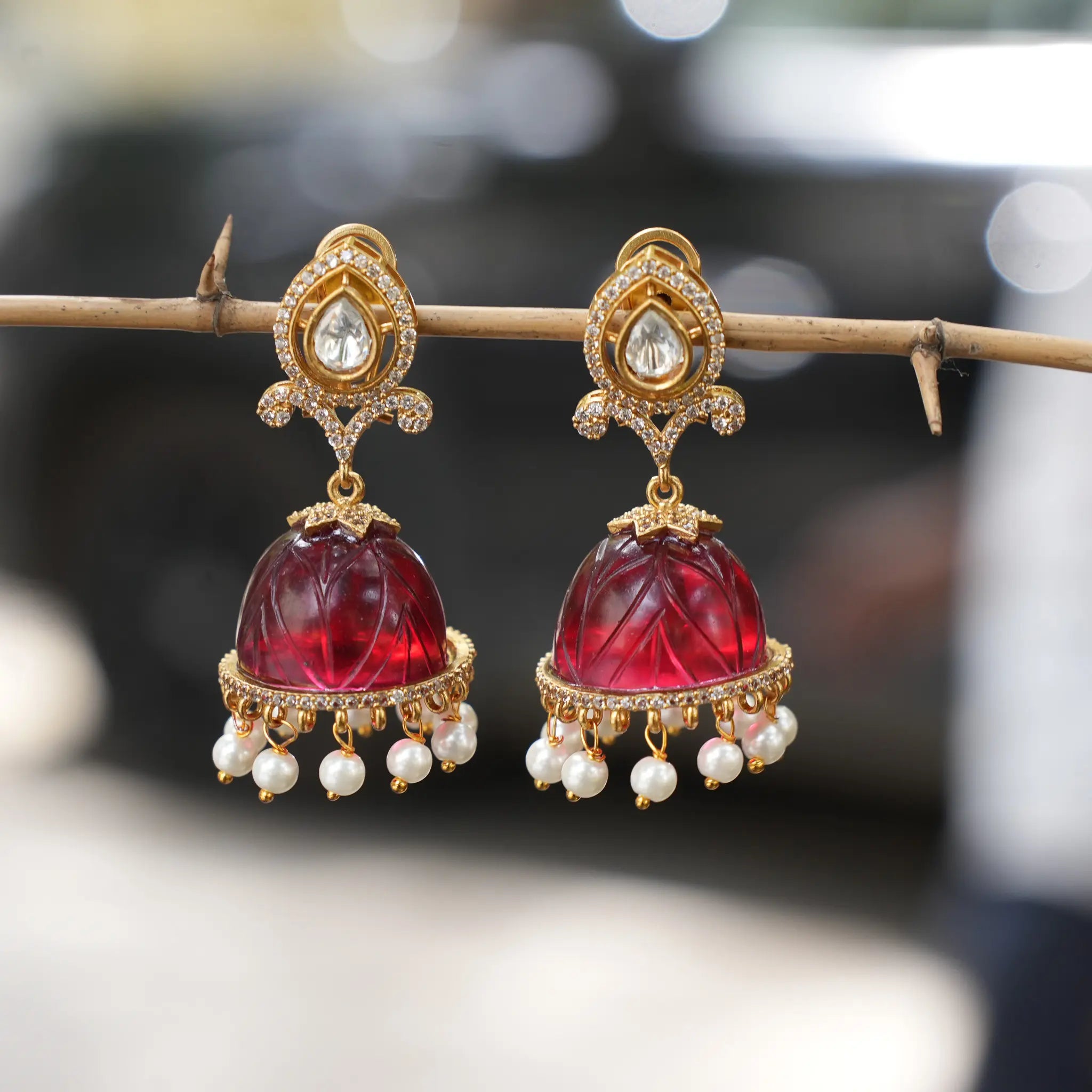 Bhavika Polki Jhumka Earrings - Red