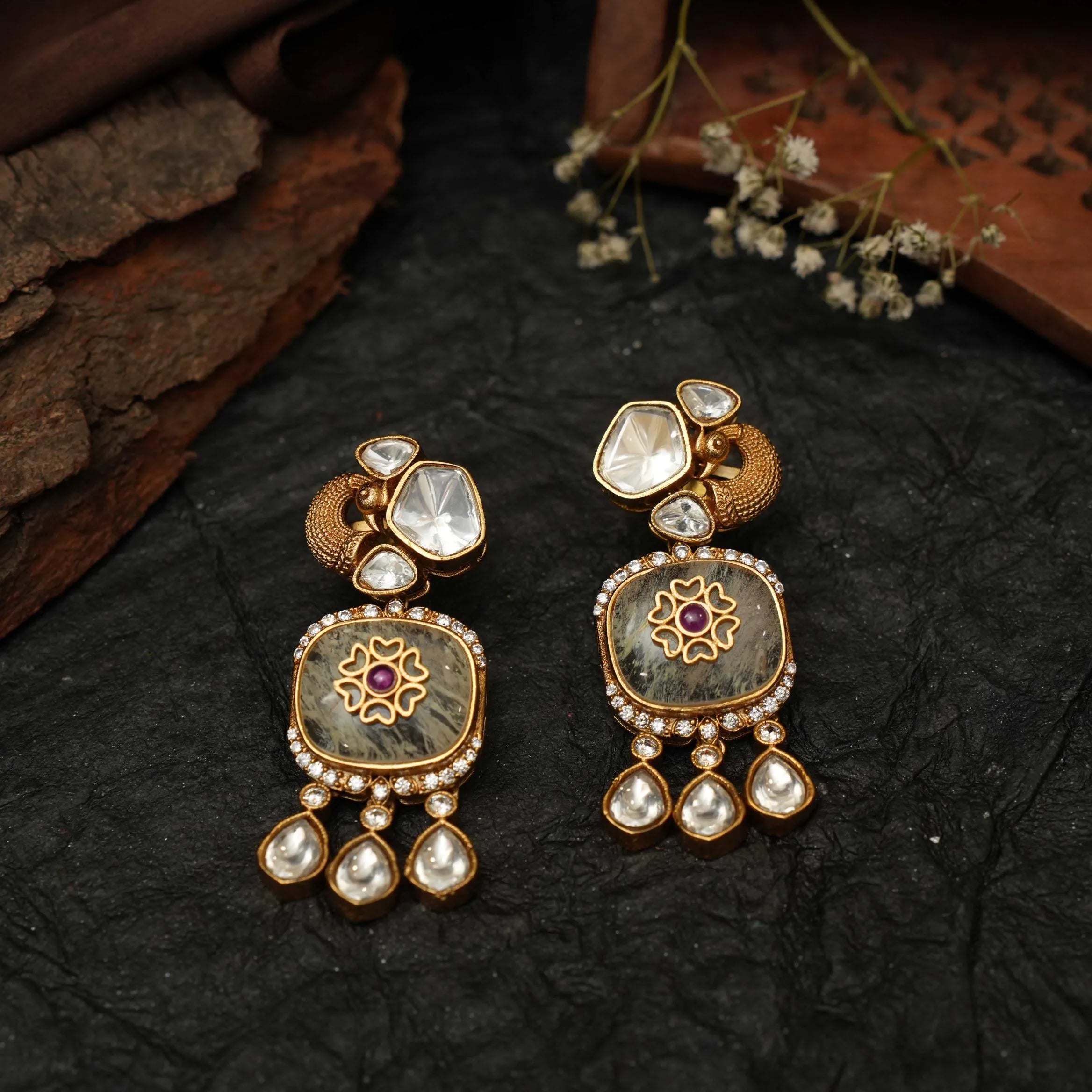Chahak Polki Designer Earrings - Grey