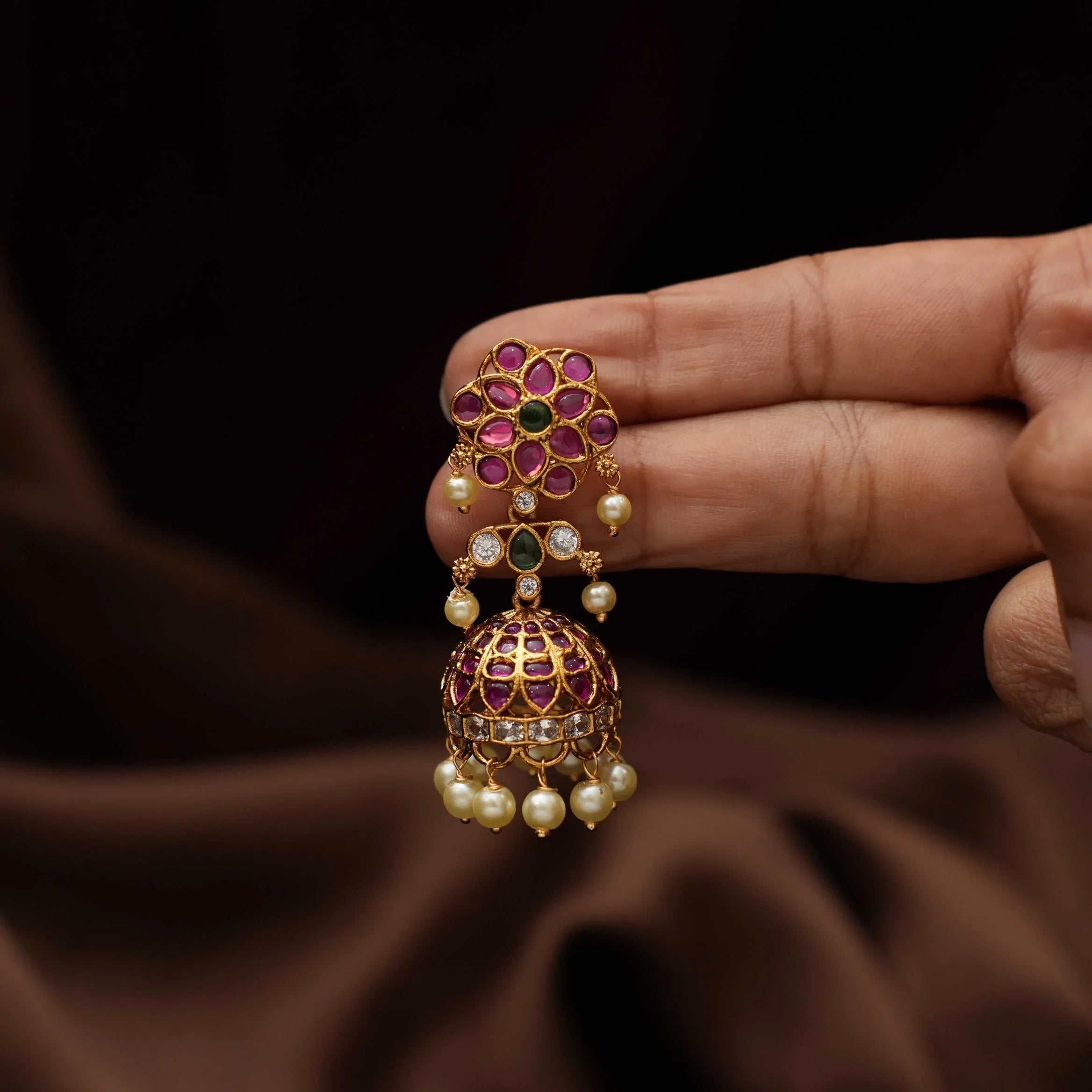 Chaitali Antique Jhumka Earrings - Red & Green