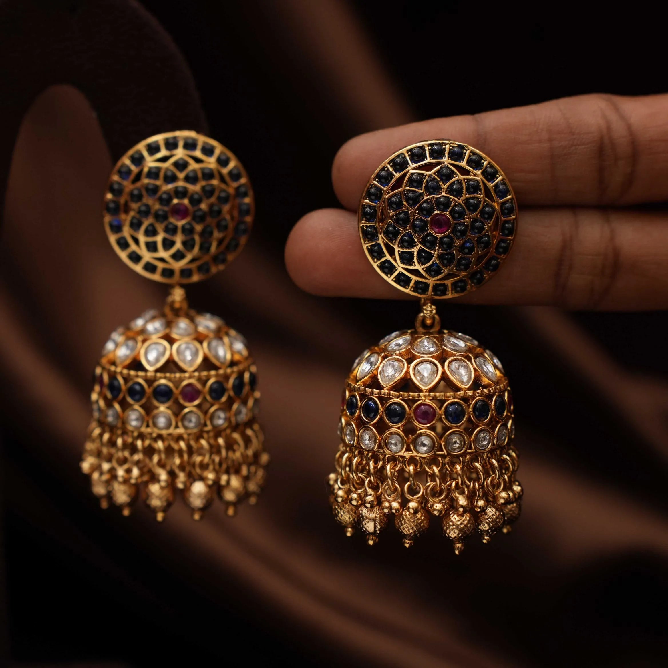 Chana Antique Jhumka Earrings - Blue