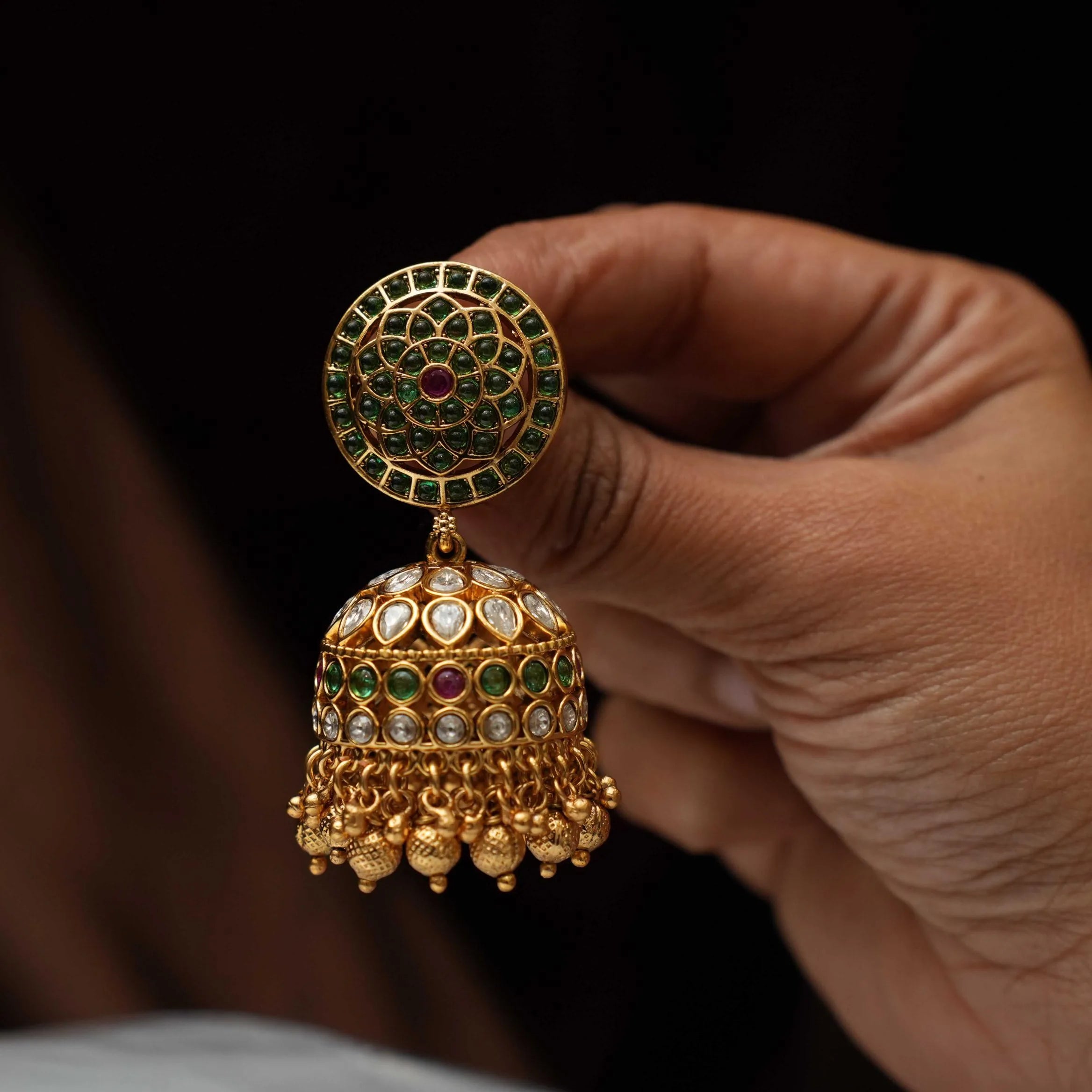 Chana Antique Jhumka Earrings - Green