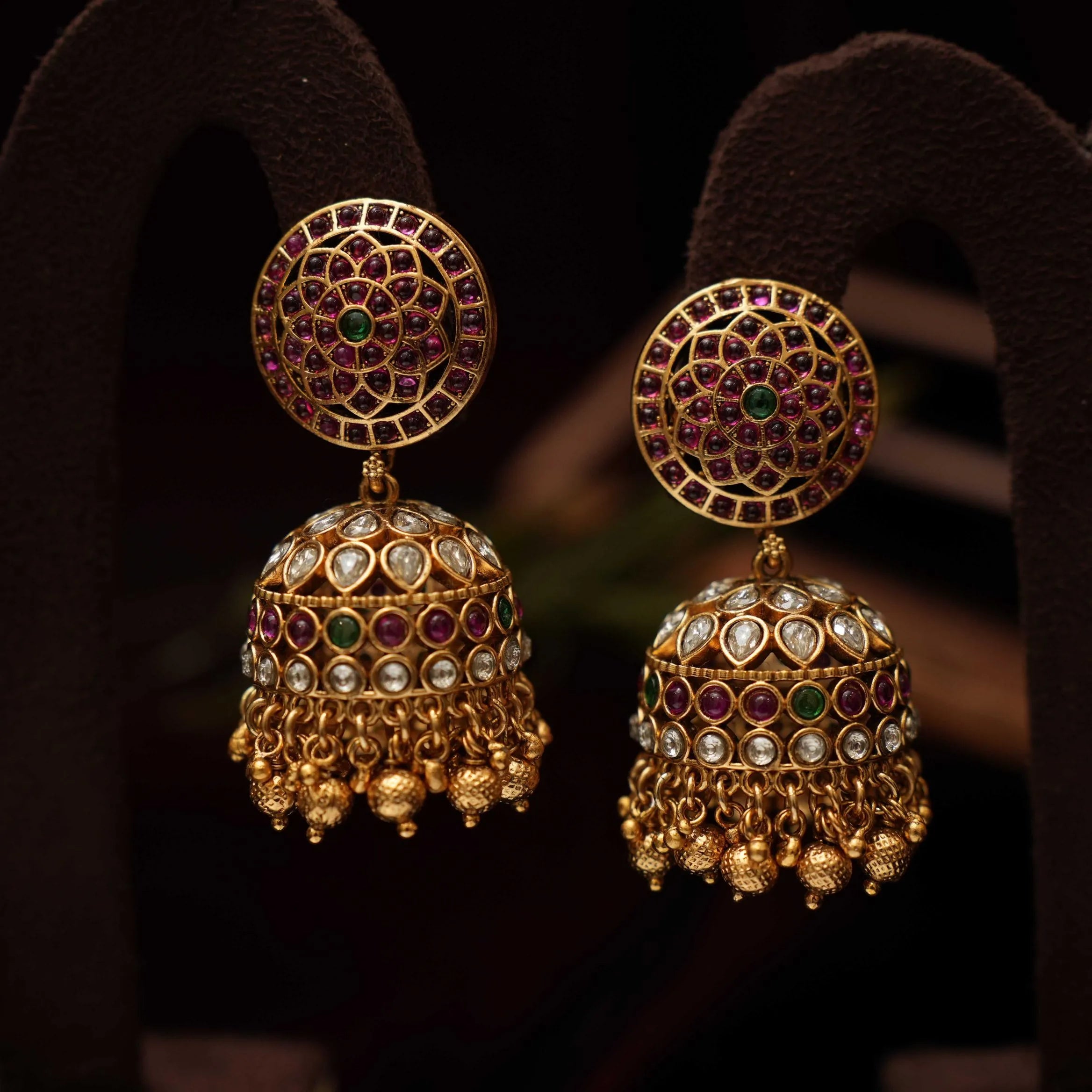 Chana Antique Jhumka Earrings - Red