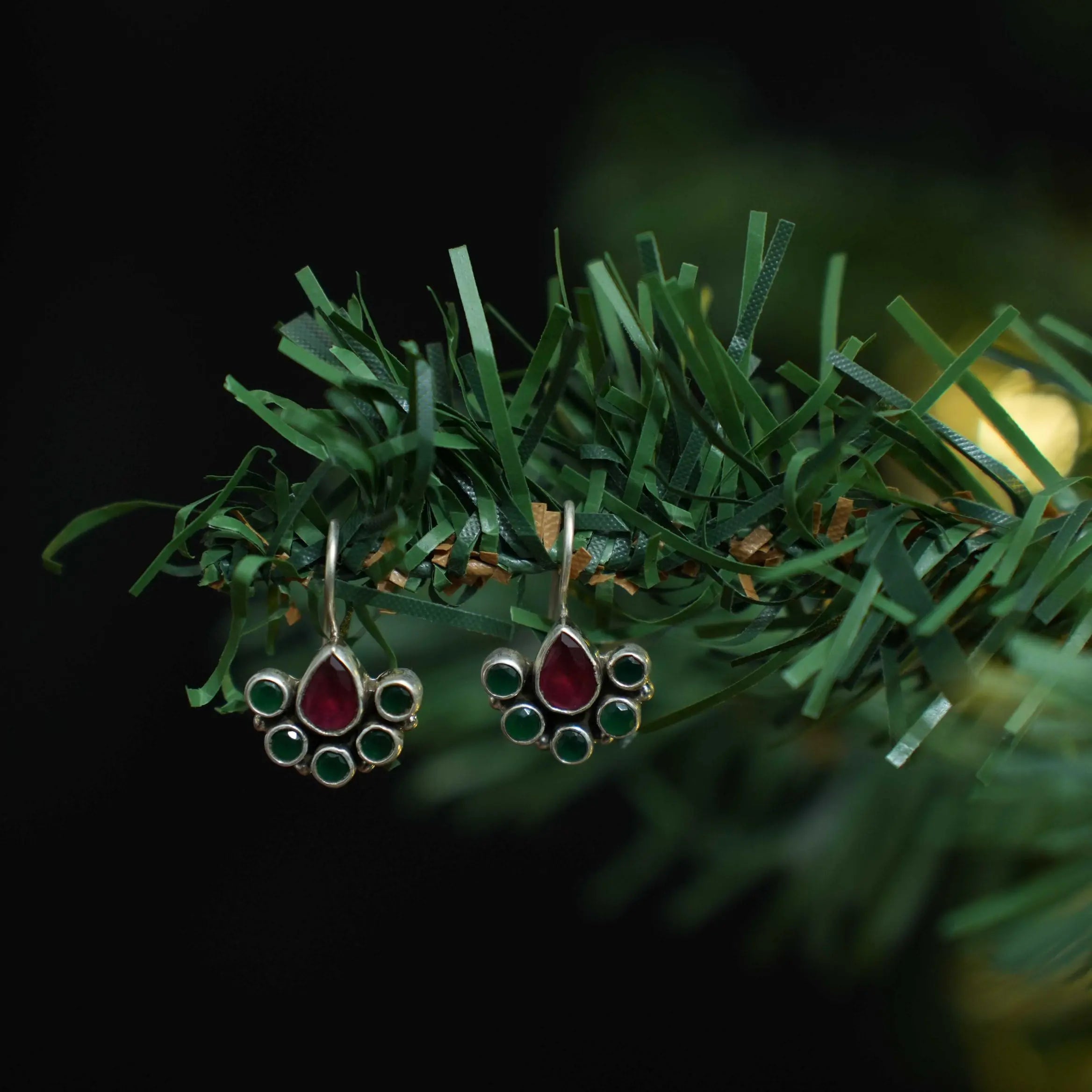 Chaya Silver Oxidised Earrings - Red & Green