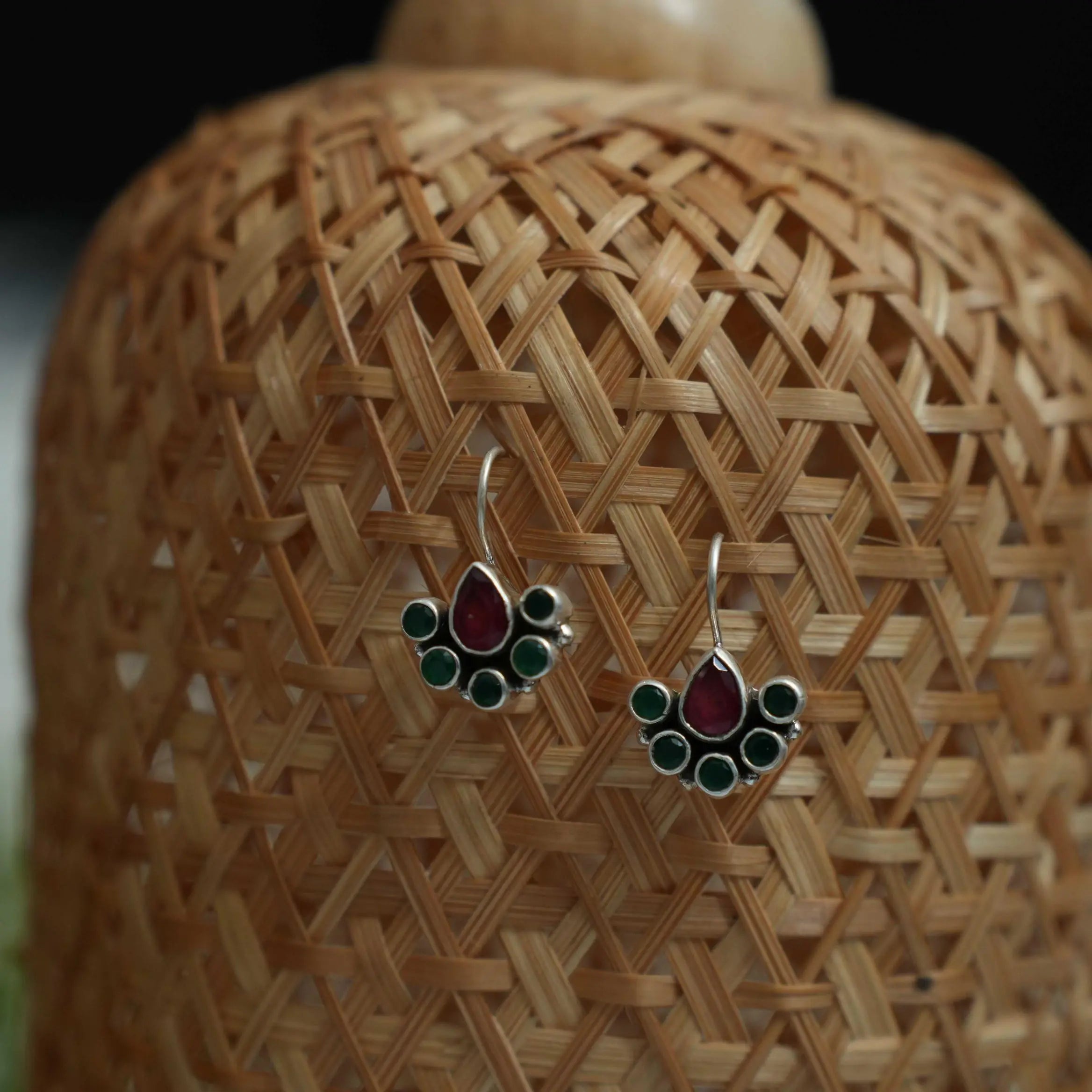 Chaya Silver Oxidised Earrings - Red & Green
