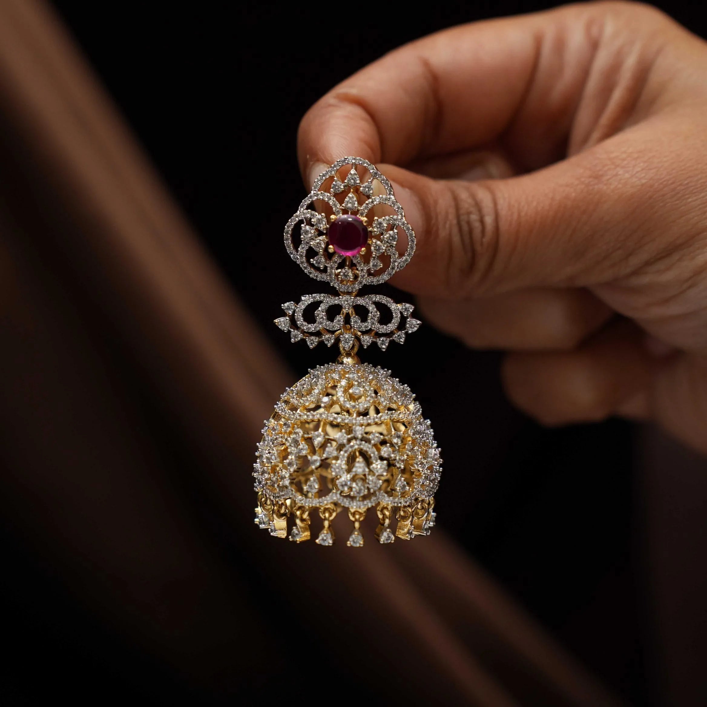 Chirag Zircon Jhumka Earrings - Red