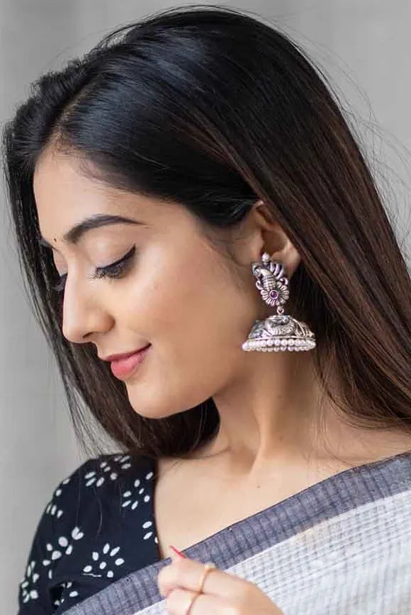 Peacock Silver Jhumka - Rimli Boutique