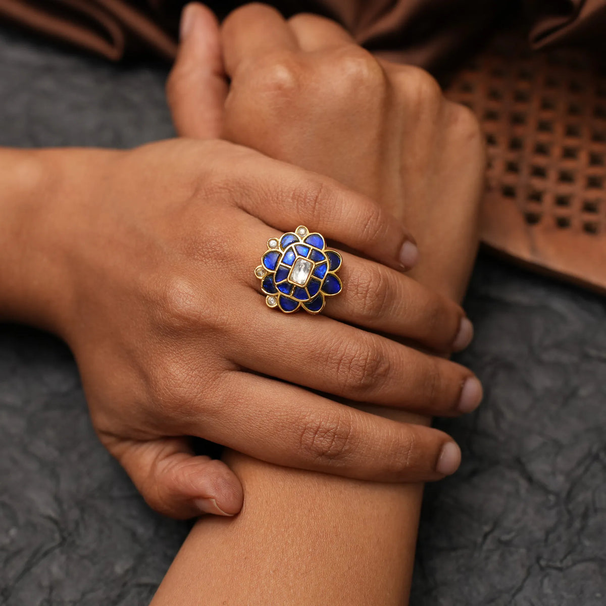 Damyanti Polki Ring - Blue and White