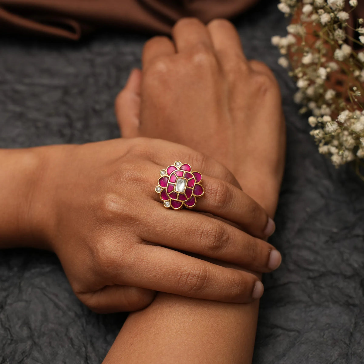 Damyanti Polki Ring - Red and White