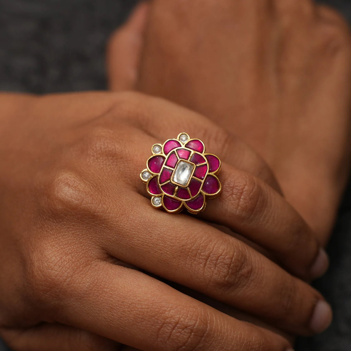 Damyanti Polki Ring - Red and White