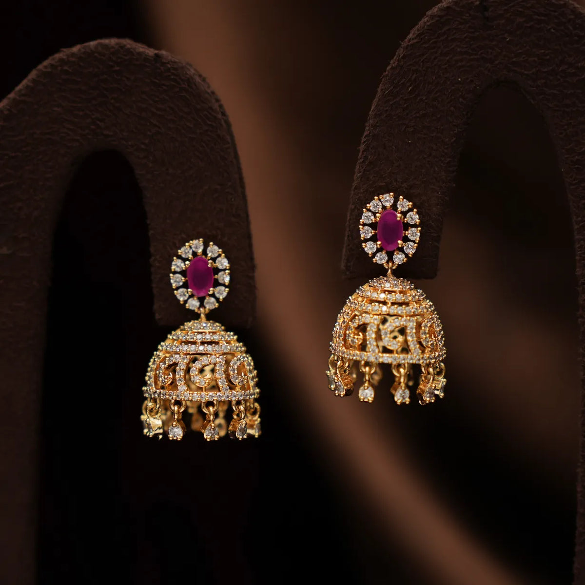 Darcy Zircon Jhumka Earrings - Ruby Pink