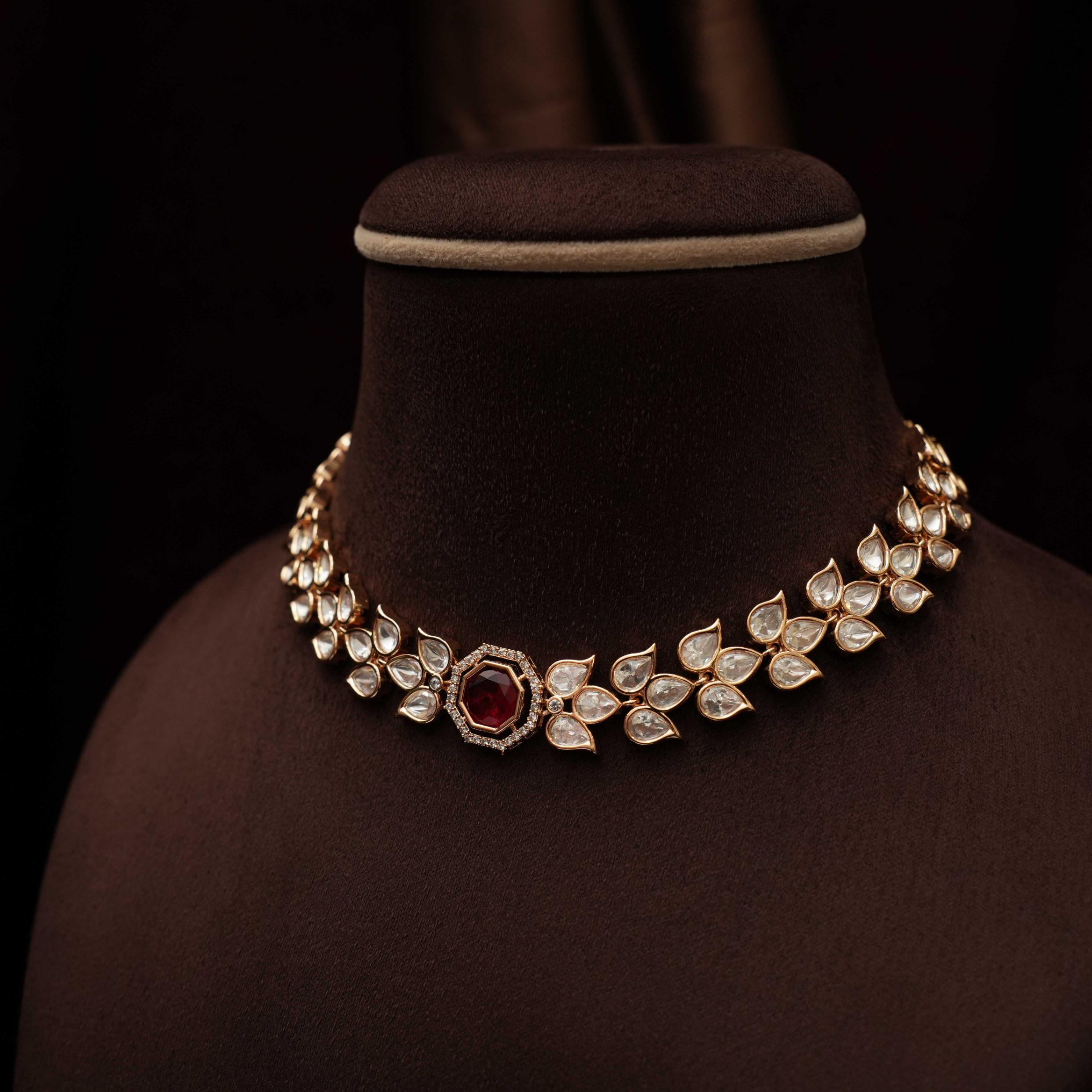 Daya Designer Polki Necklace - Red