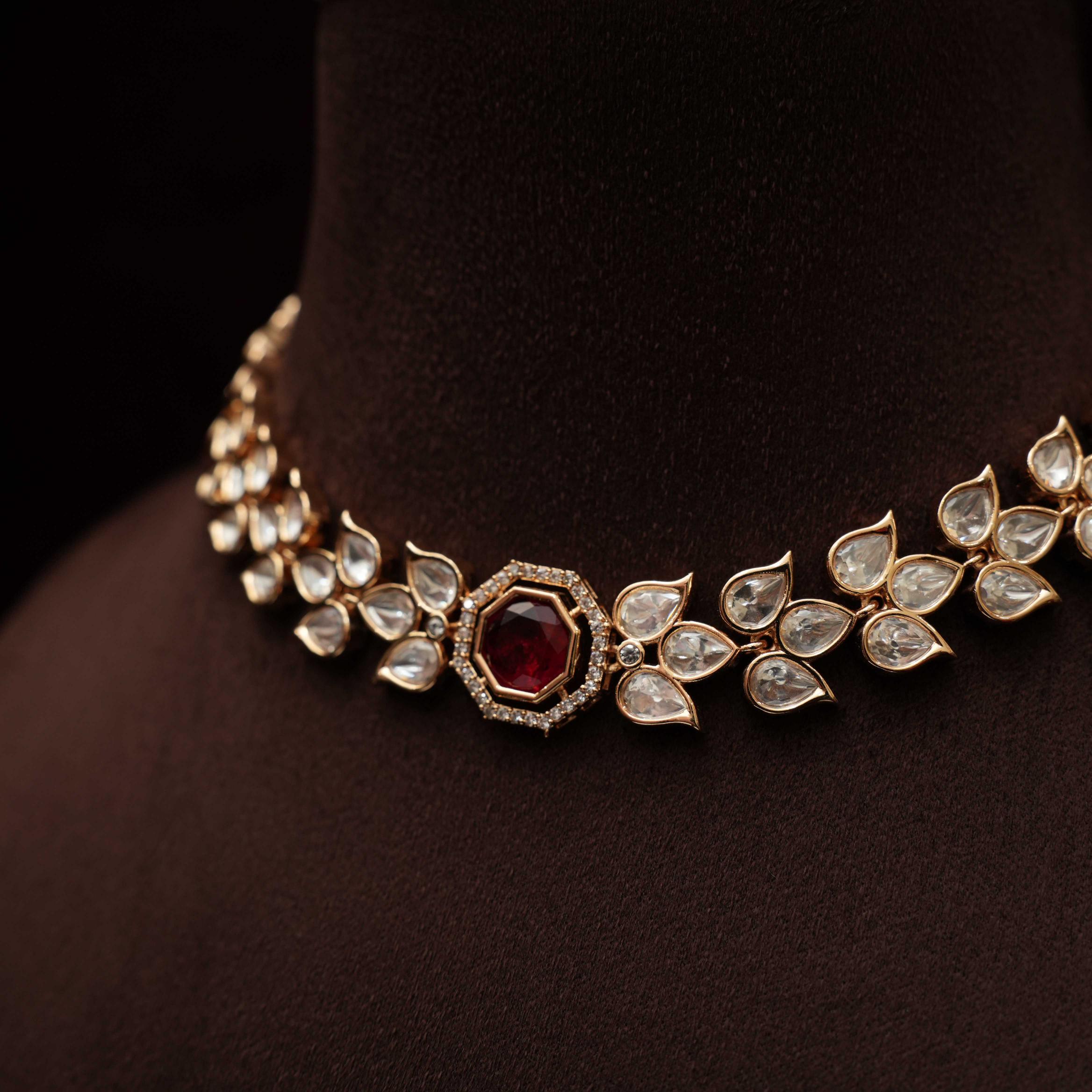 Daya Designer Polki Necklace - Red