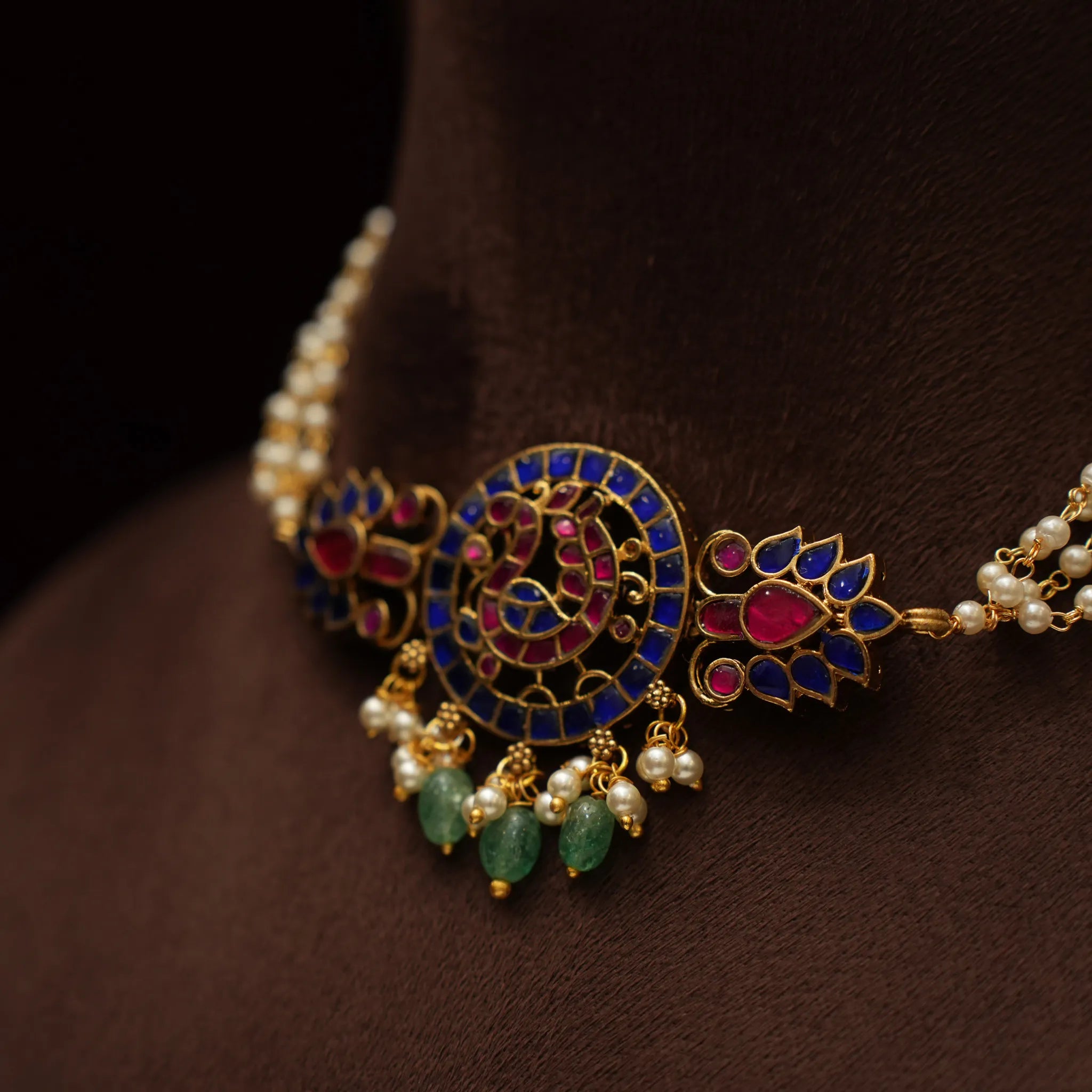 Devara Pearl Polki Choker - Blue