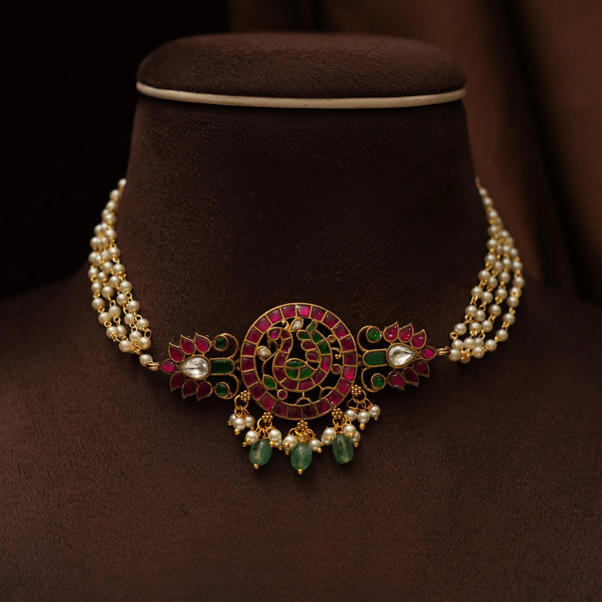 Devara Pearl Polki Choker - Red