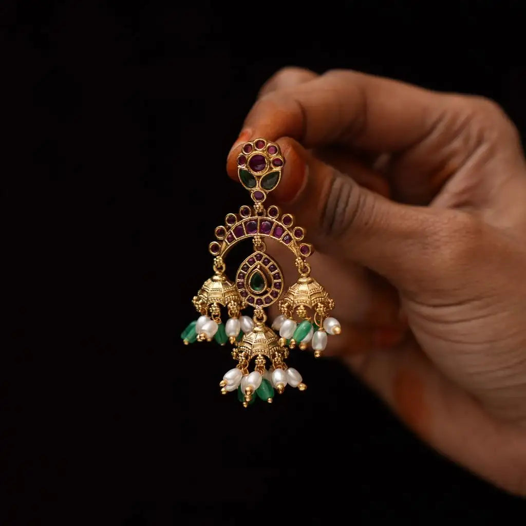 Devika Antique Designer Earrings - Red & Green