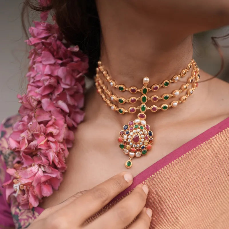 Devika Silver Layered Navaratna Necklace
