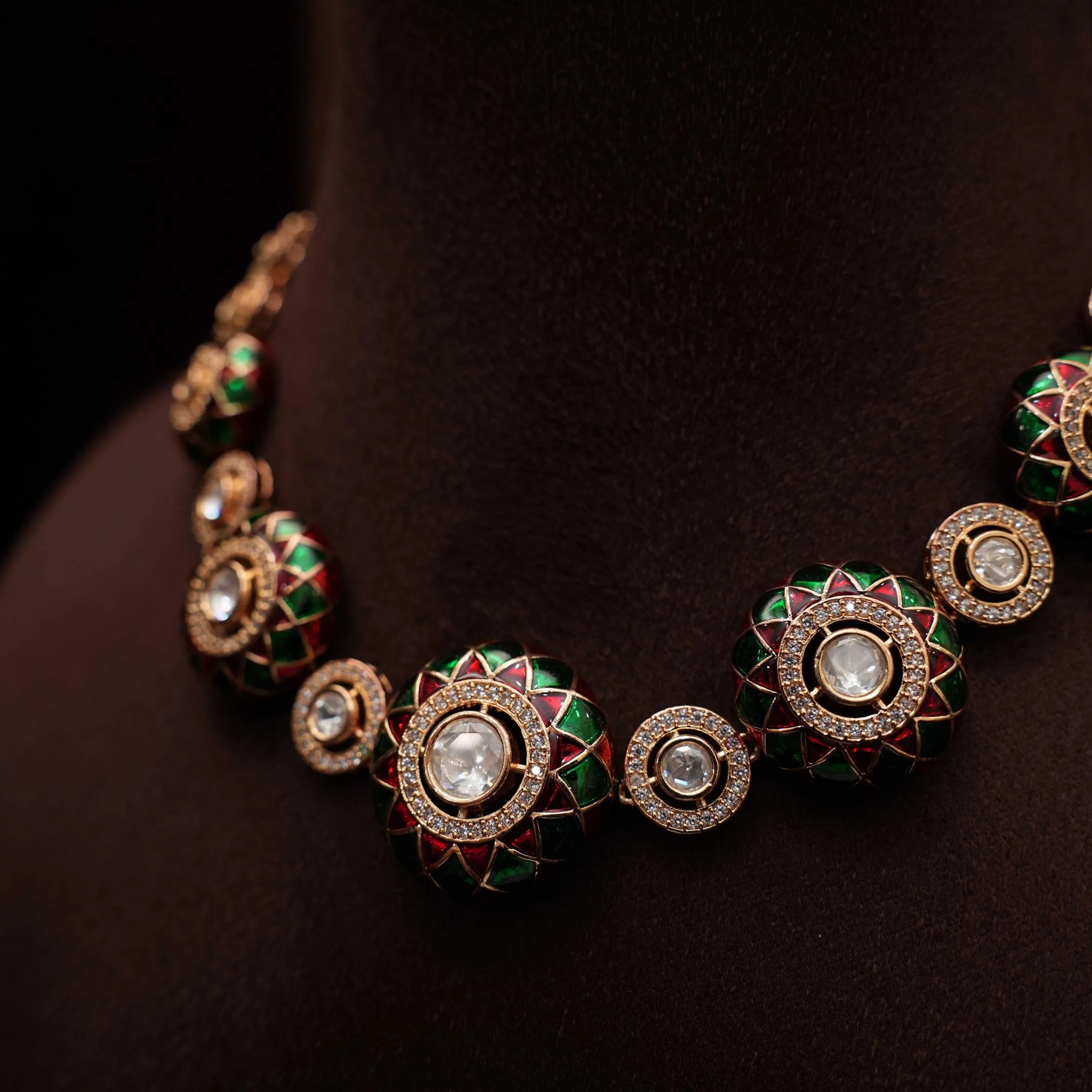 Dharu Polki Necklace - Red & Green