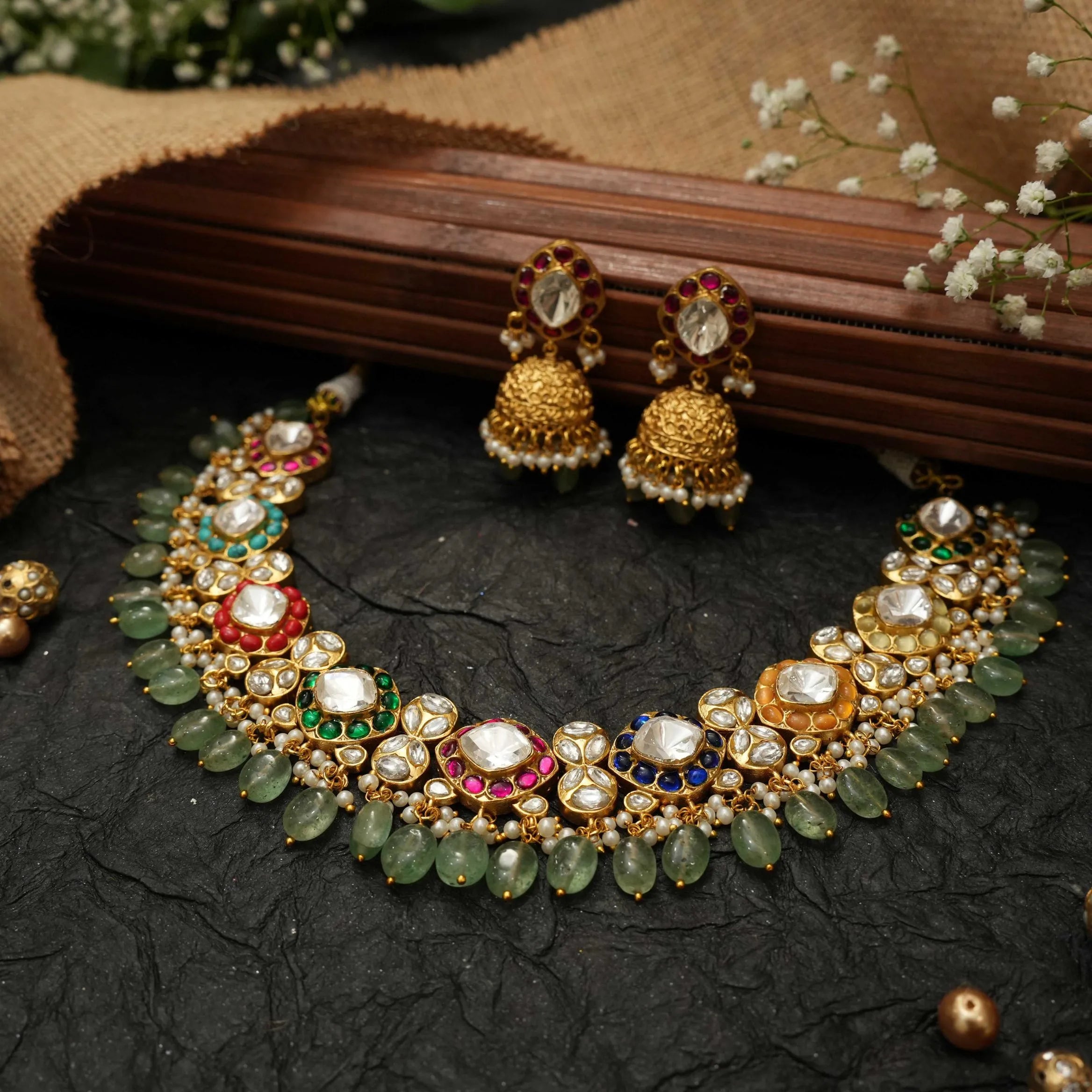 Disha Multicolor Polki Choker - Green