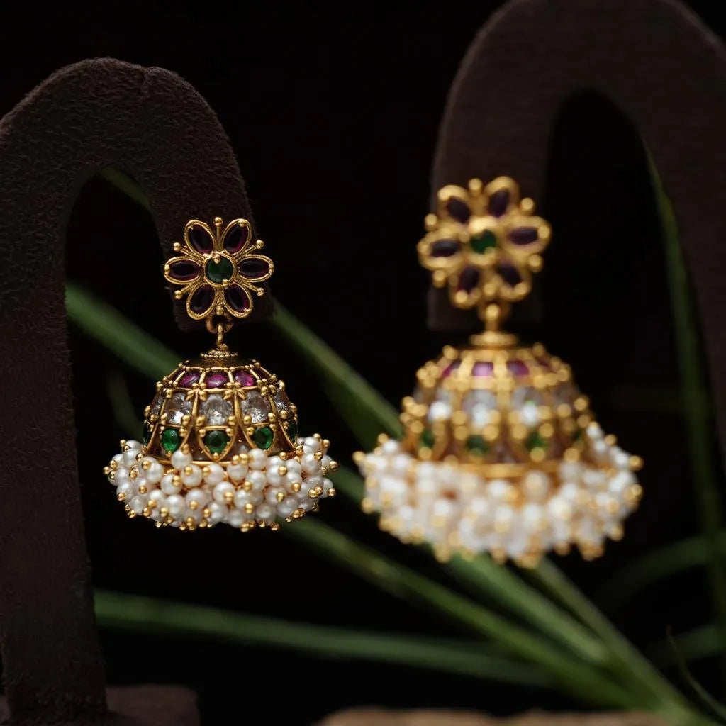 Drisa Antique Jhumka Earrings - Multicolor