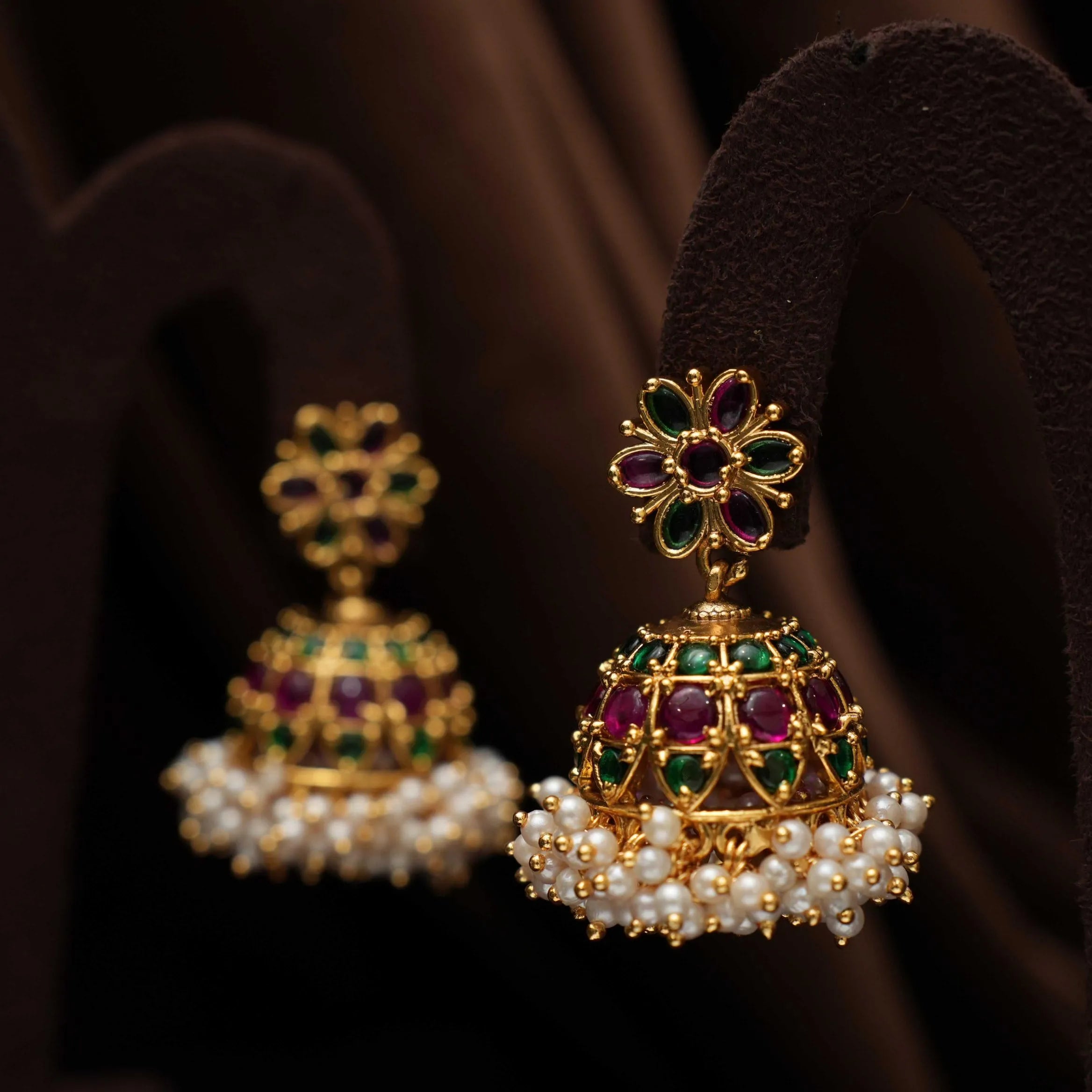 Drisa Antique Jhumka Earrings - Red & Green