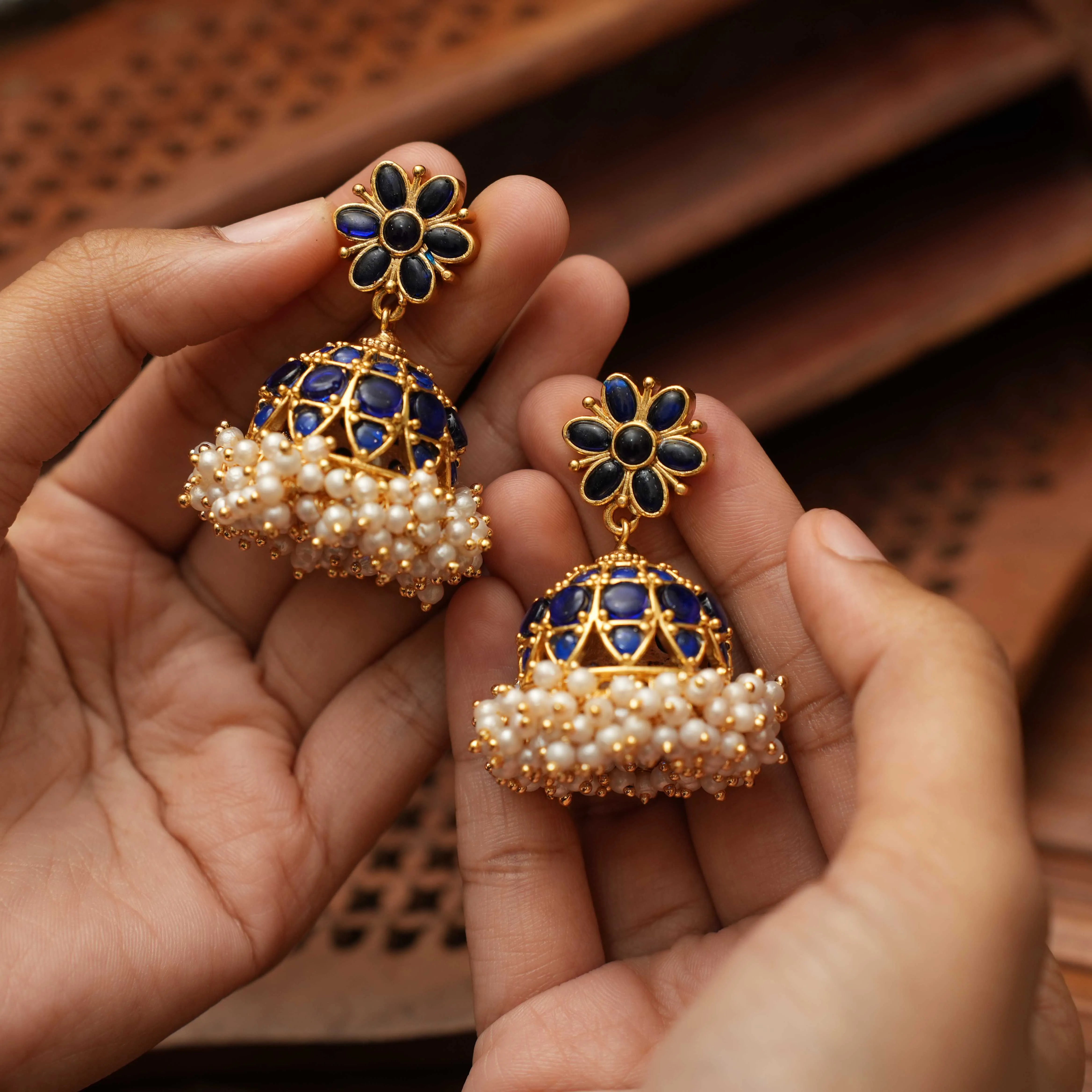 Drisa Antique Jhumka Earrings Blue