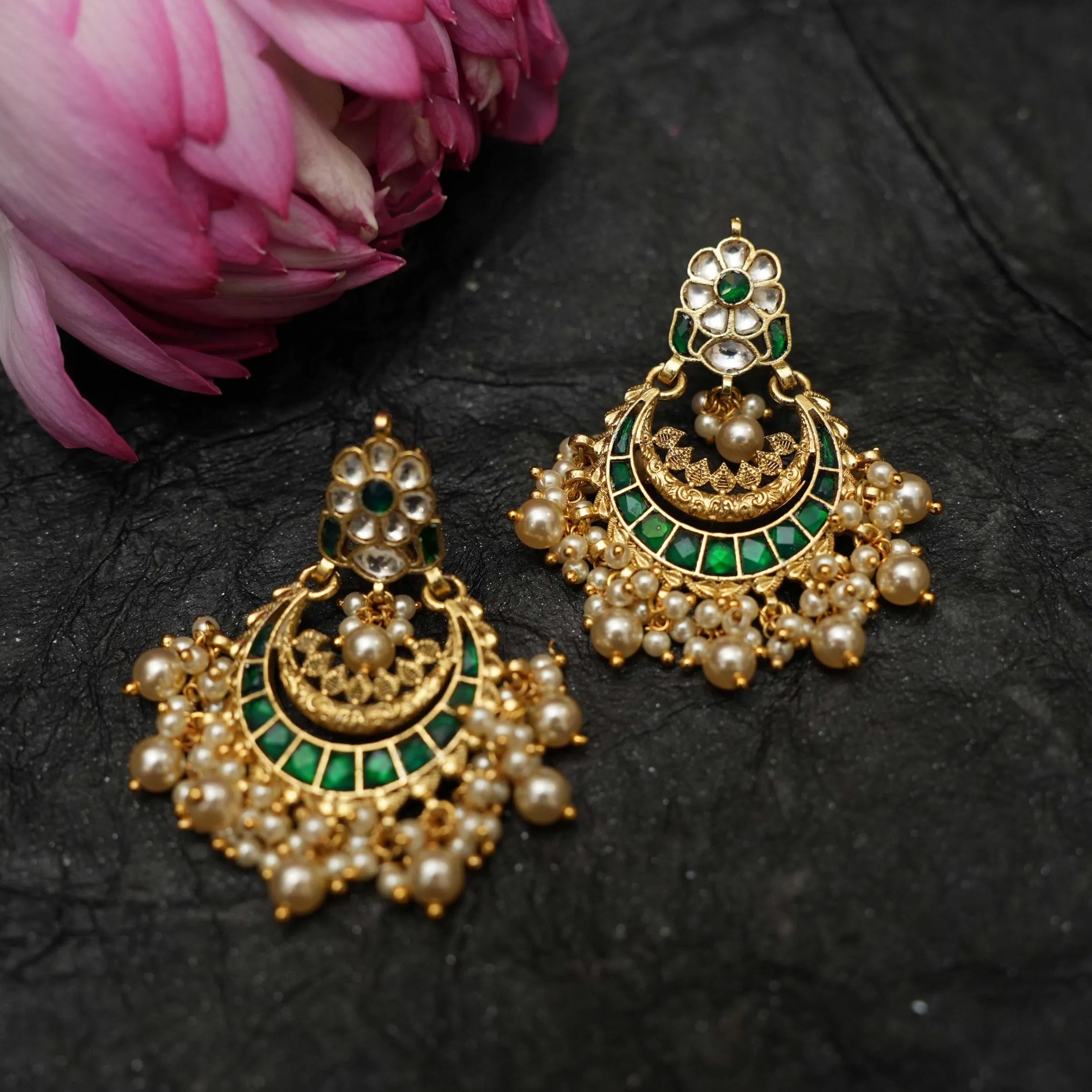 Firdaus Polki Chandbali Earrings - Green