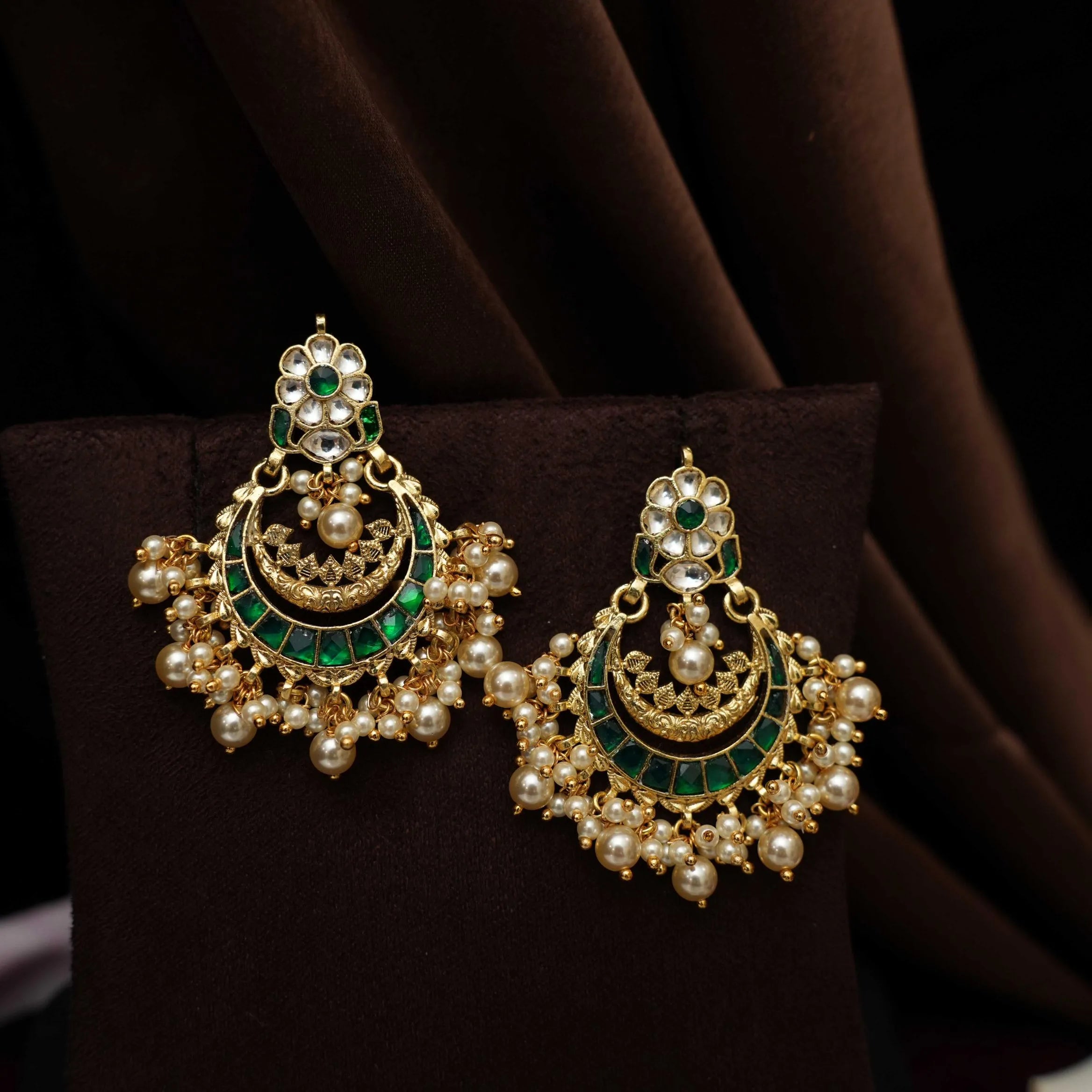 Firdaus Polki Chandbali Earrings - Green