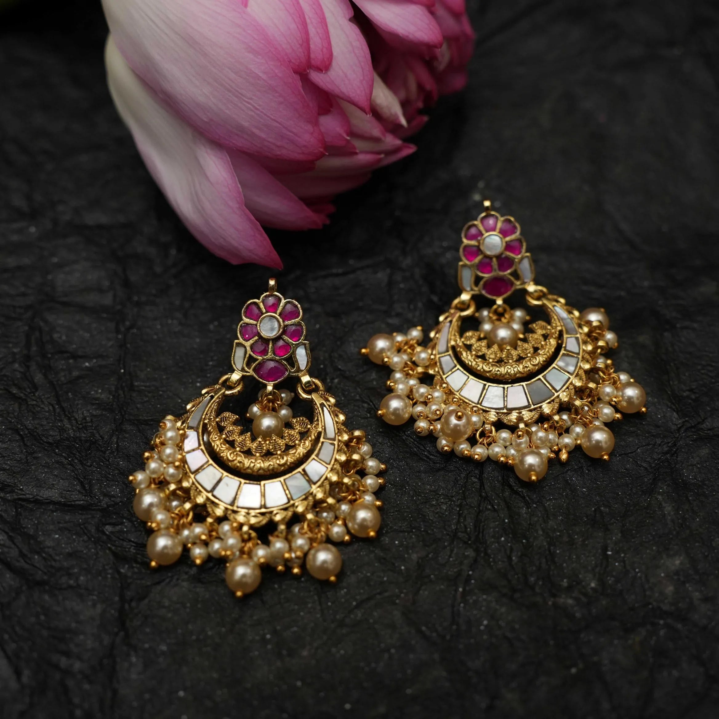 Firdaus Polki Chandbali Earrings - Grey & Reddish Pink