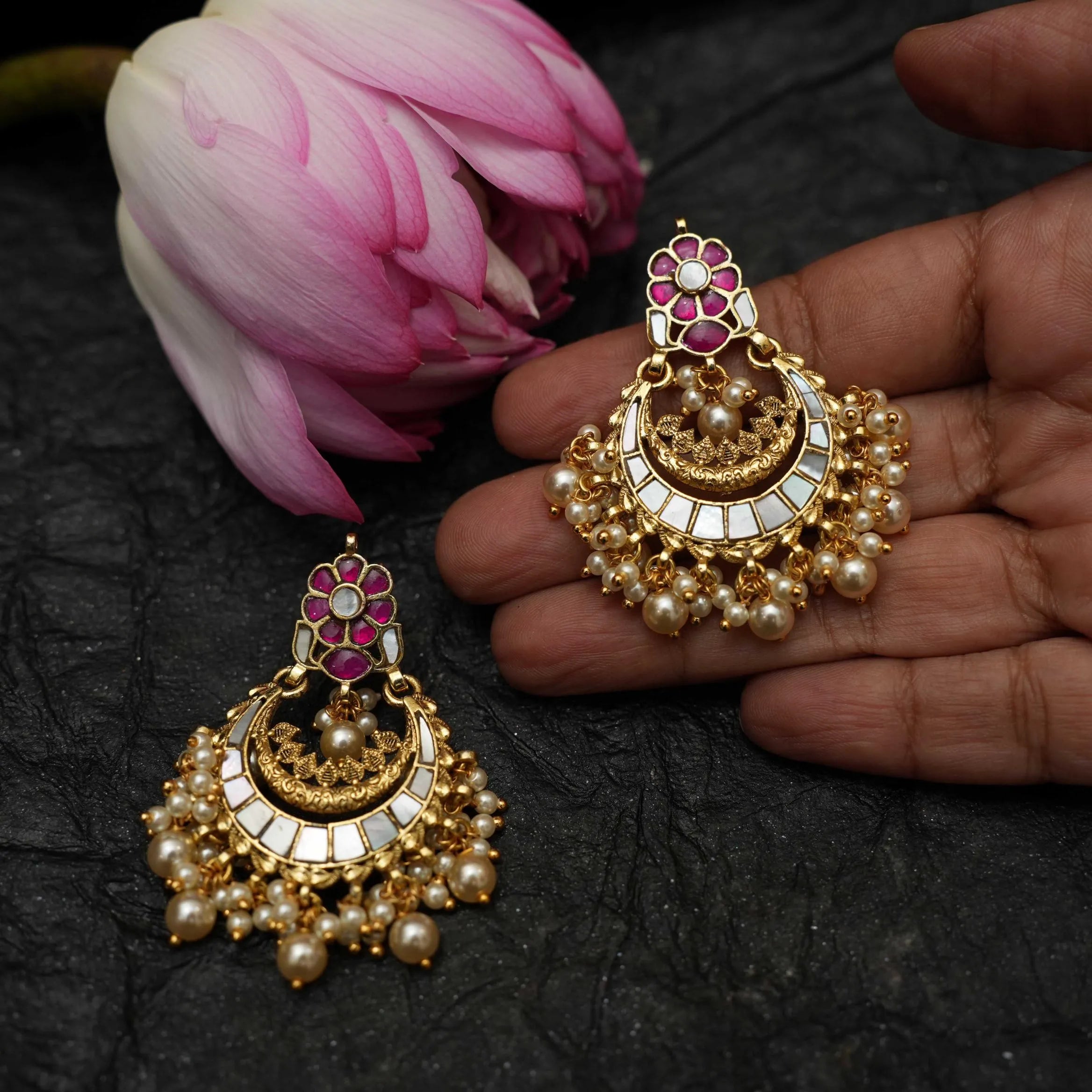 Firdaus Polki Chandbali Earrings - Grey & Reddish Pink