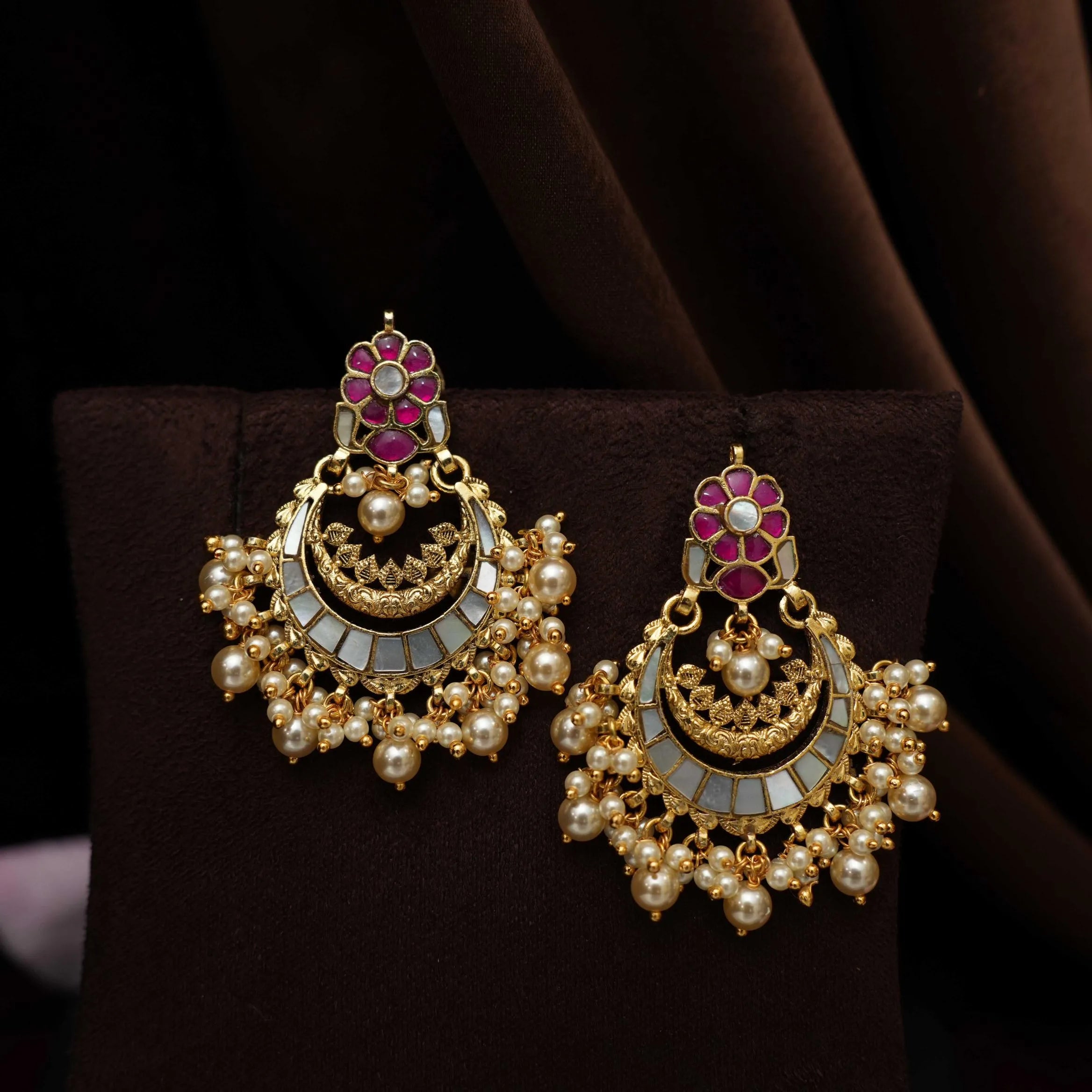 Firdaus Polki Chandbali Earrings - Grey & Reddish Pink